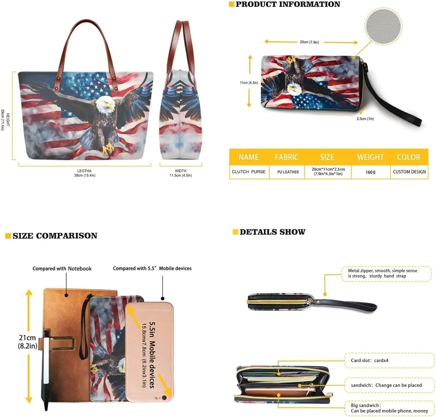 American flag hunting print 2 pcs purse set with wallet casual large capacity shoulder tote bag