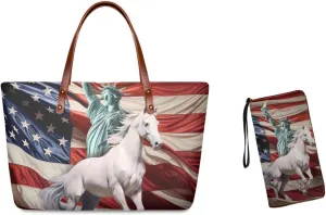 American flag hunting print 2 pcs purse set with wallet casual large capacity shoulder tote bag