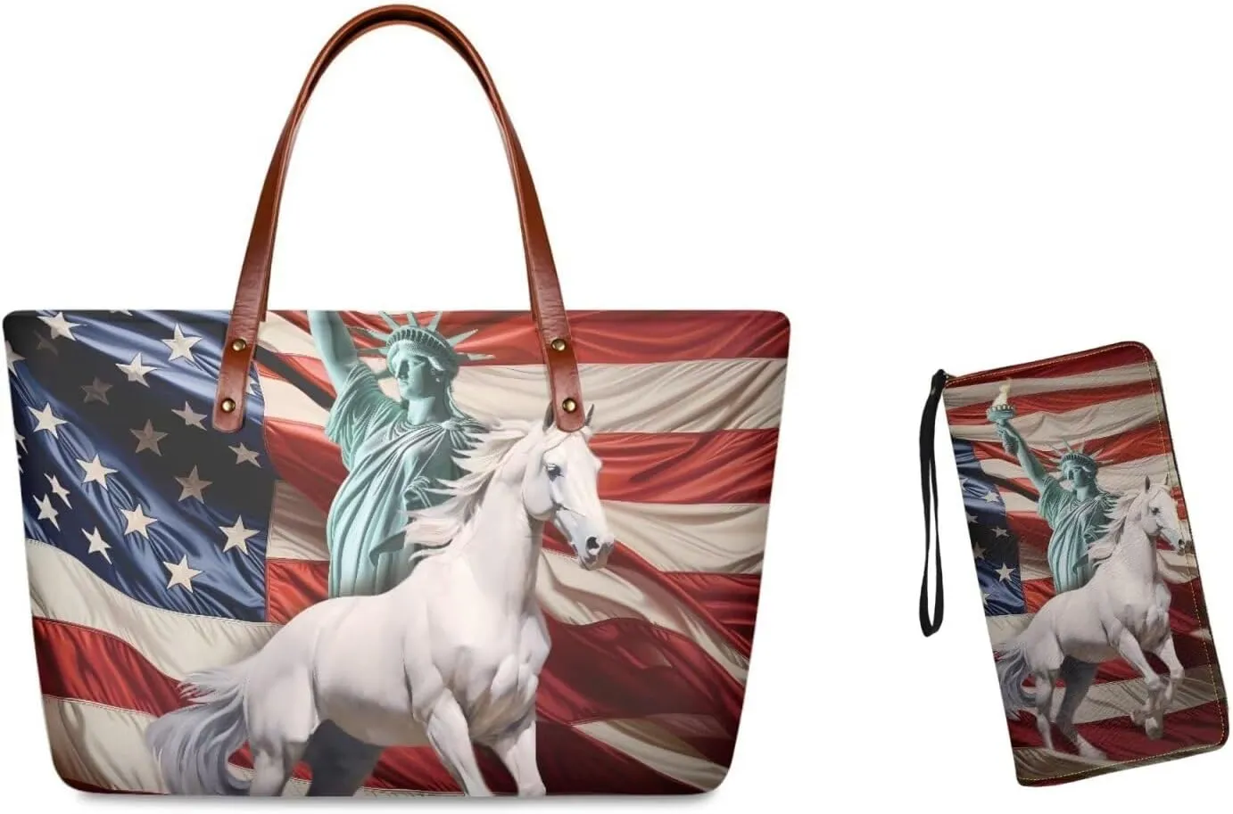 American flag hunting print 2 pcs purse set with wallet casual large capacity shoulder tote bag