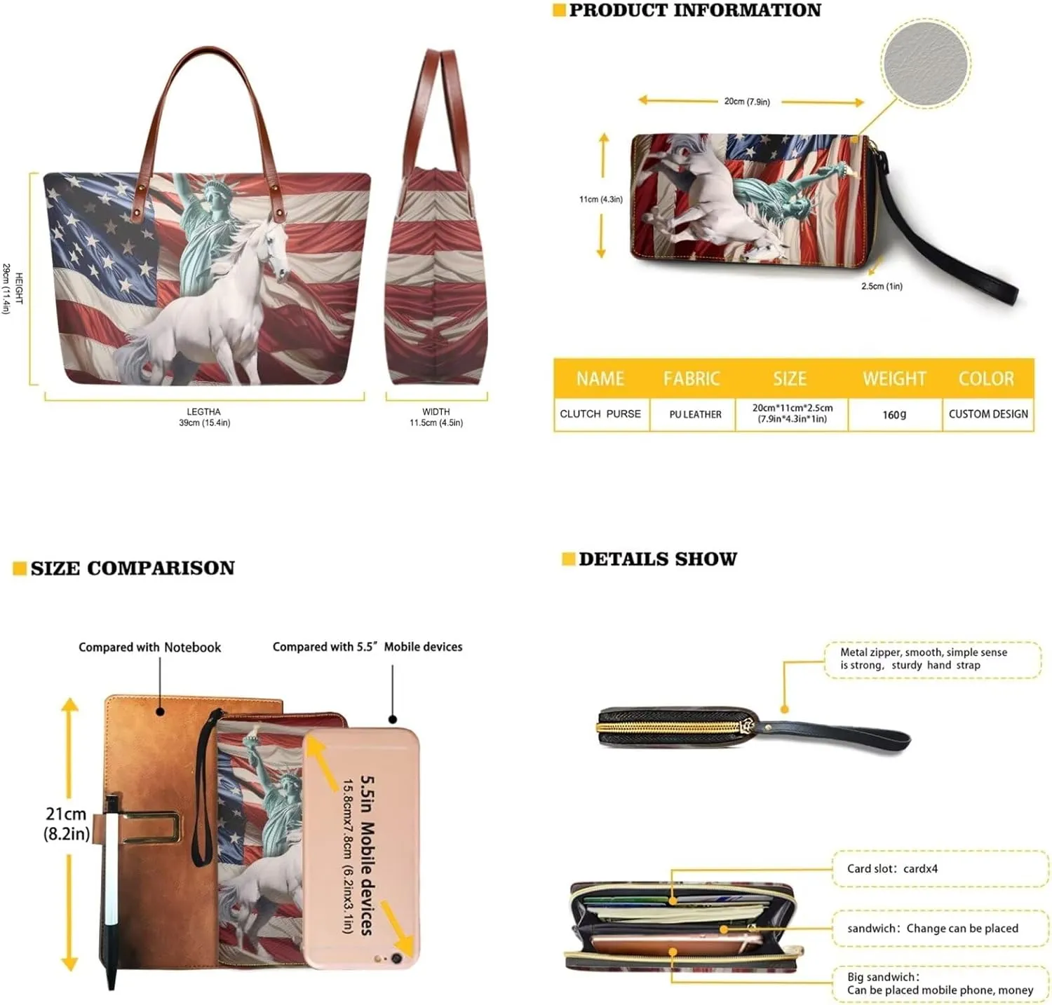 American flag hunting print 2 pcs purse set with wallet casual large capacity shoulder tote bag