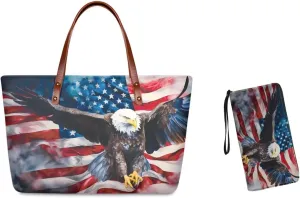 American flag hunting print 2 pcs purse set with wallet casual large capacity shoulder tote bag