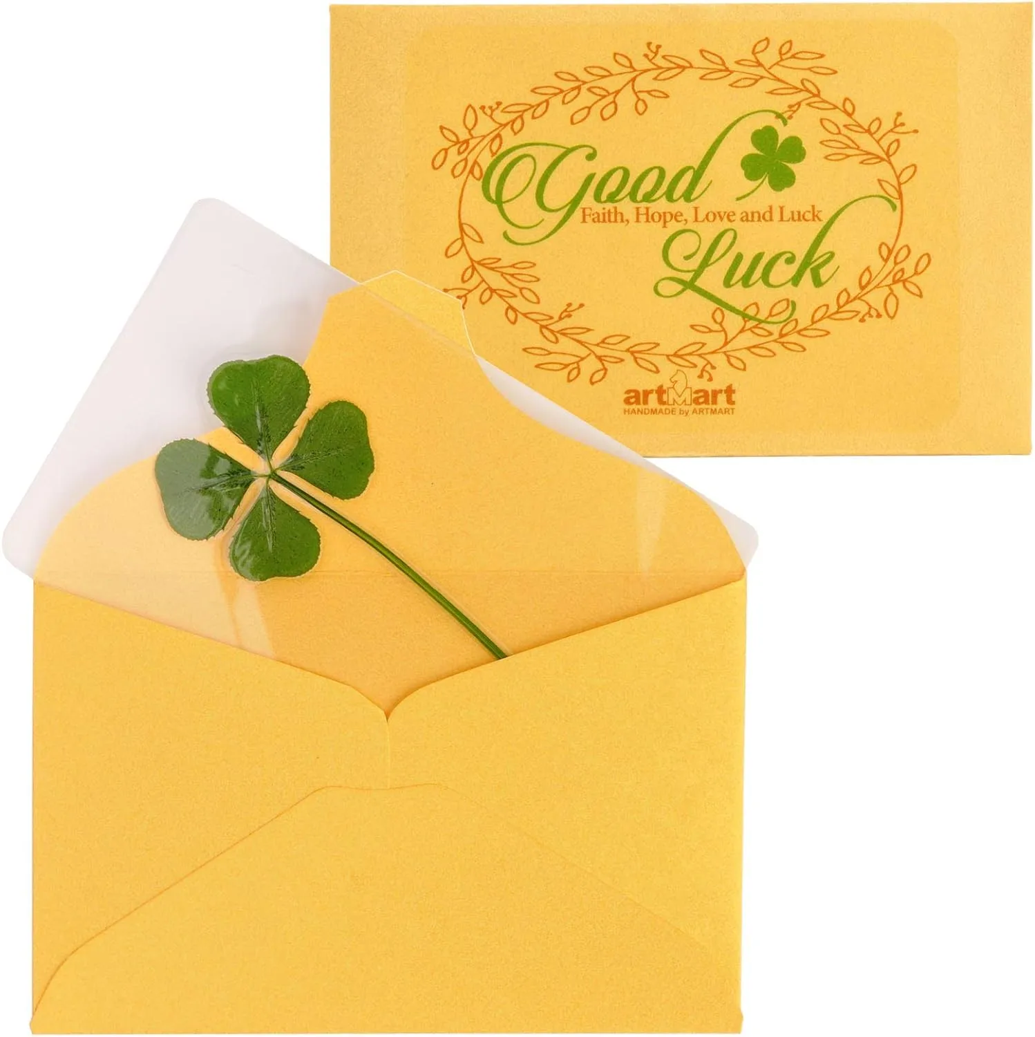 ARTMART Genuine Real Four-Leaf Green Clover St. Saint Patric's Day Bookmarks Irish Shamrock Good Luck Charm for Smartphone Wallet Case Amulet Purse Coating Gift Thanks Card L