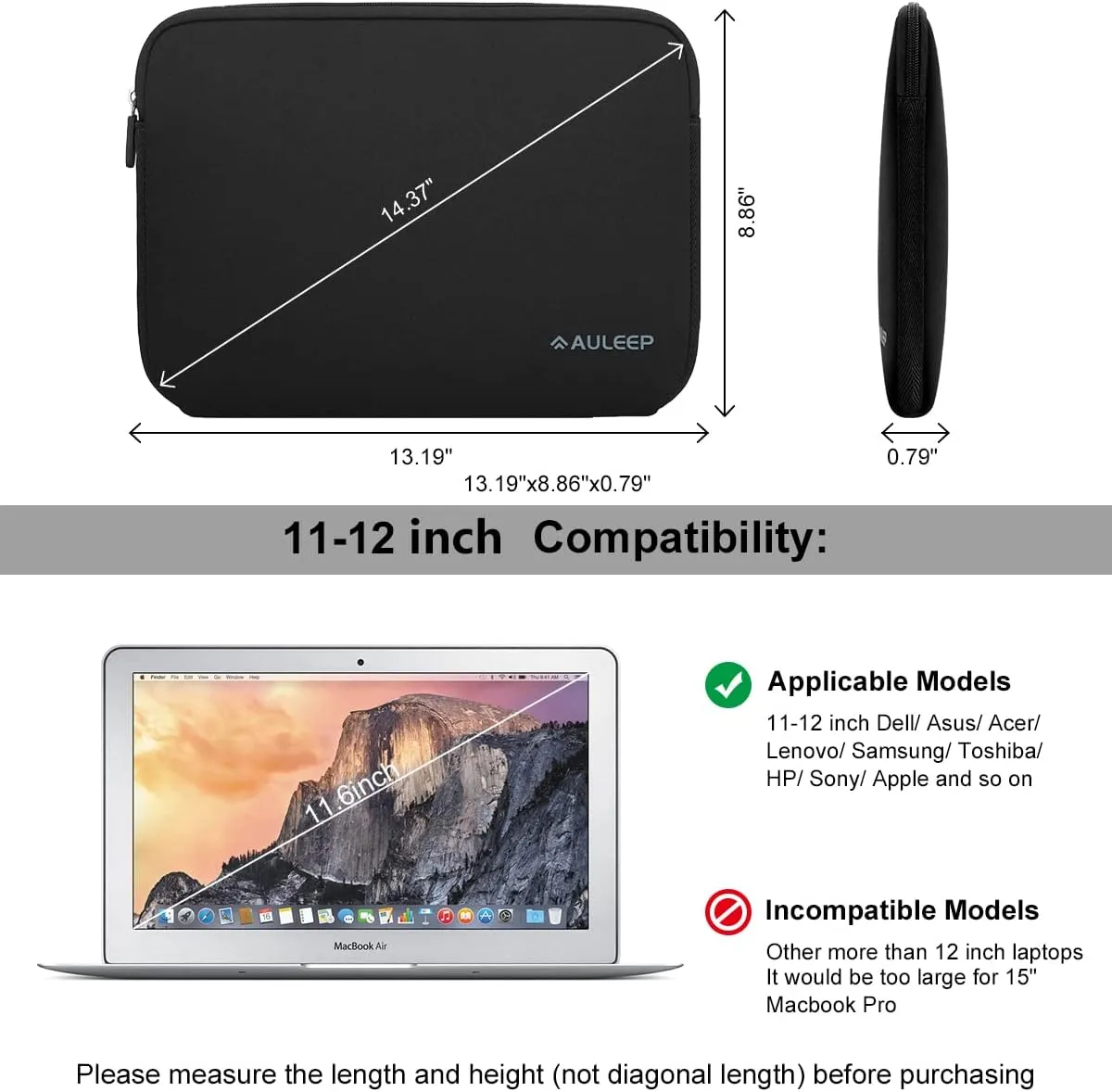 AULEEP 11-12 Inch Laptop Sleeves, Neoprene Notebook Computer Pocket Tablet Carrying Sleeve/Water-Resistant Compatible Laptop Sleeve for Acer/Asus/Dell/Lenovo/HP, Black
