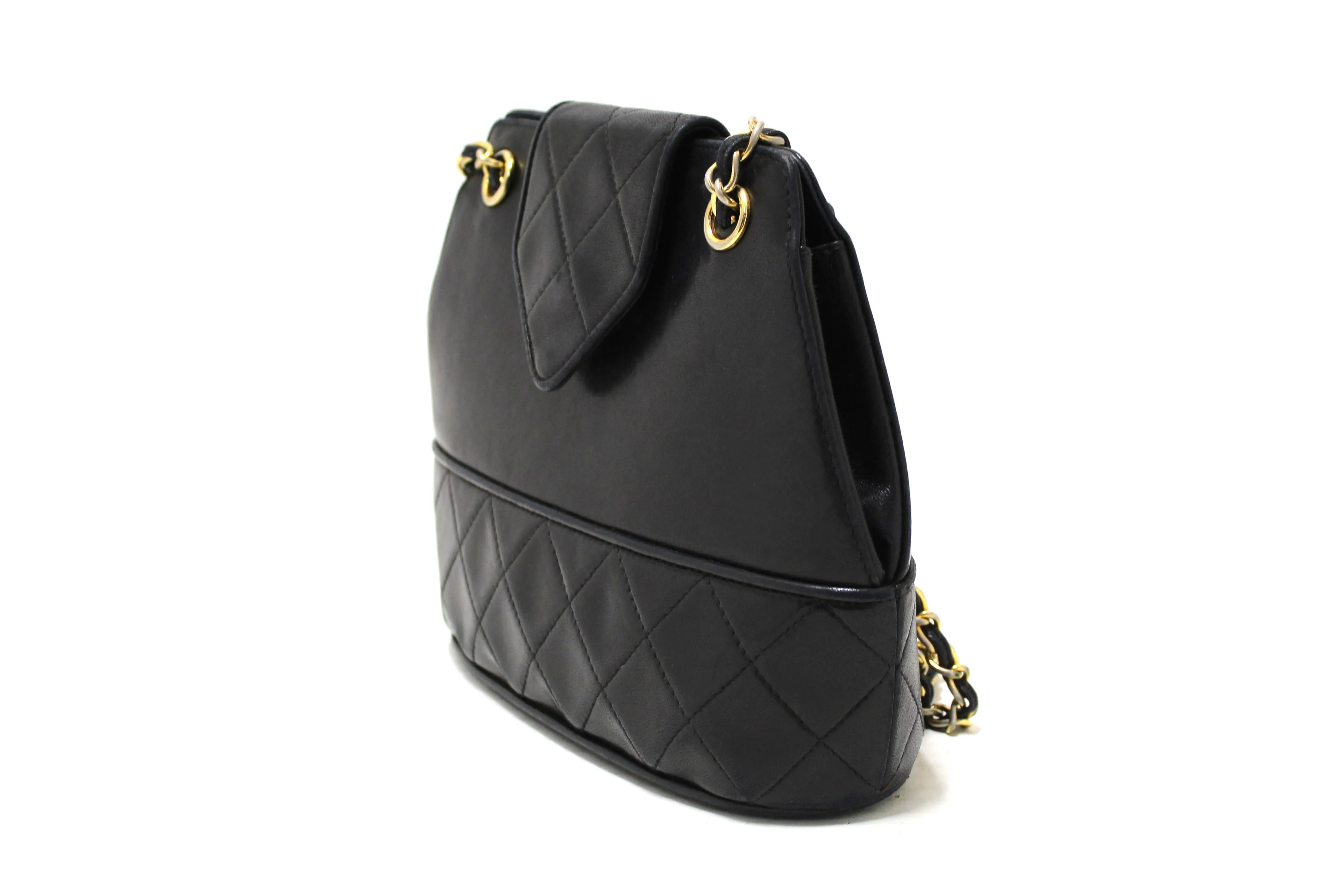 Authentic Chanel Vintage Black Quilted Lambskin Leather Small Tote Chain Shoulder Bag
