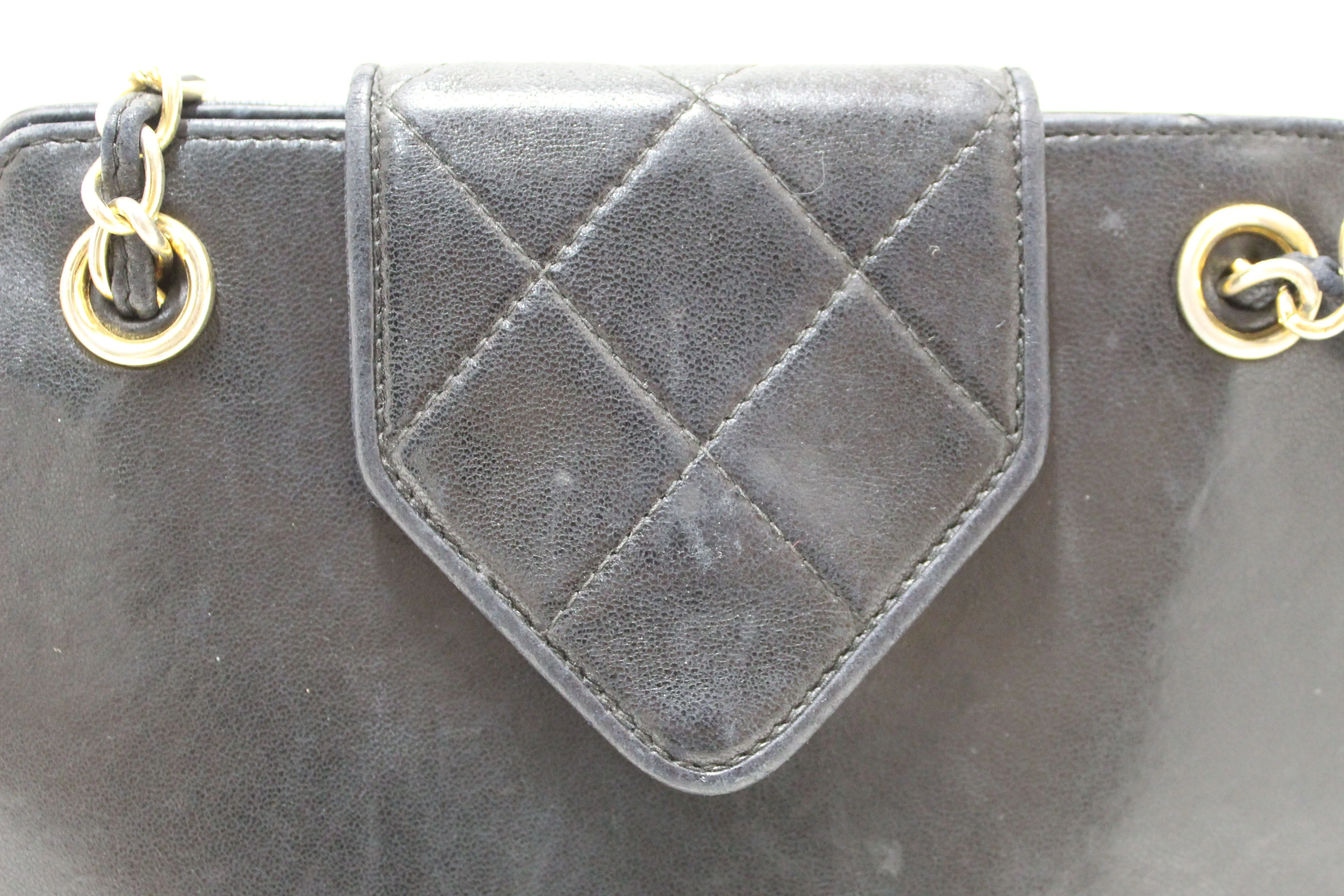 Authentic Chanel Vintage Black Quilted Lambskin Leather Small Tote Chain Shoulder Bag