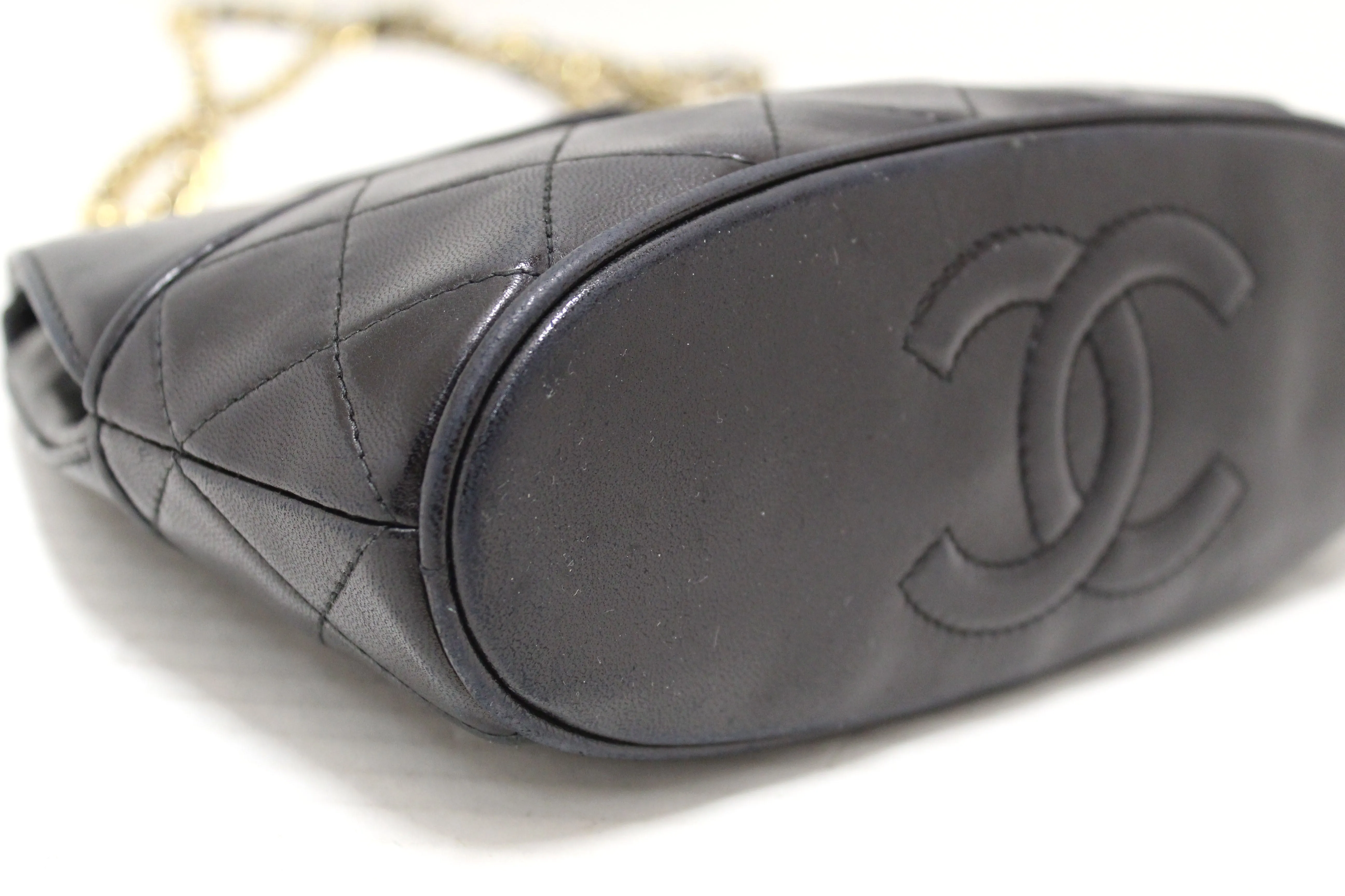 Authentic Chanel Vintage Black Quilted Lambskin Leather Small Tote Chain Shoulder Bag