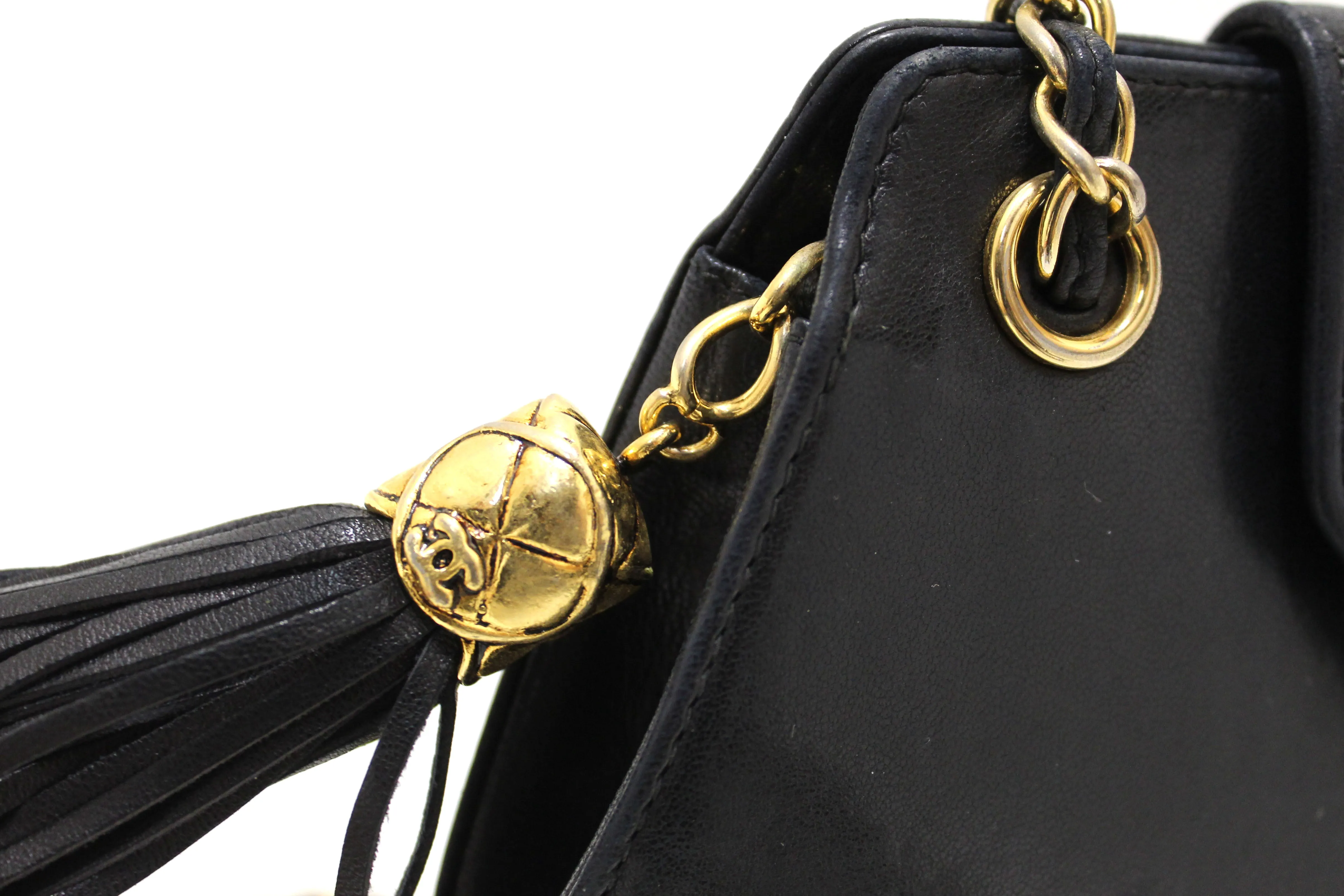 Authentic Chanel Vintage Black Quilted Lambskin Leather Small Tote Chain Shoulder Bag