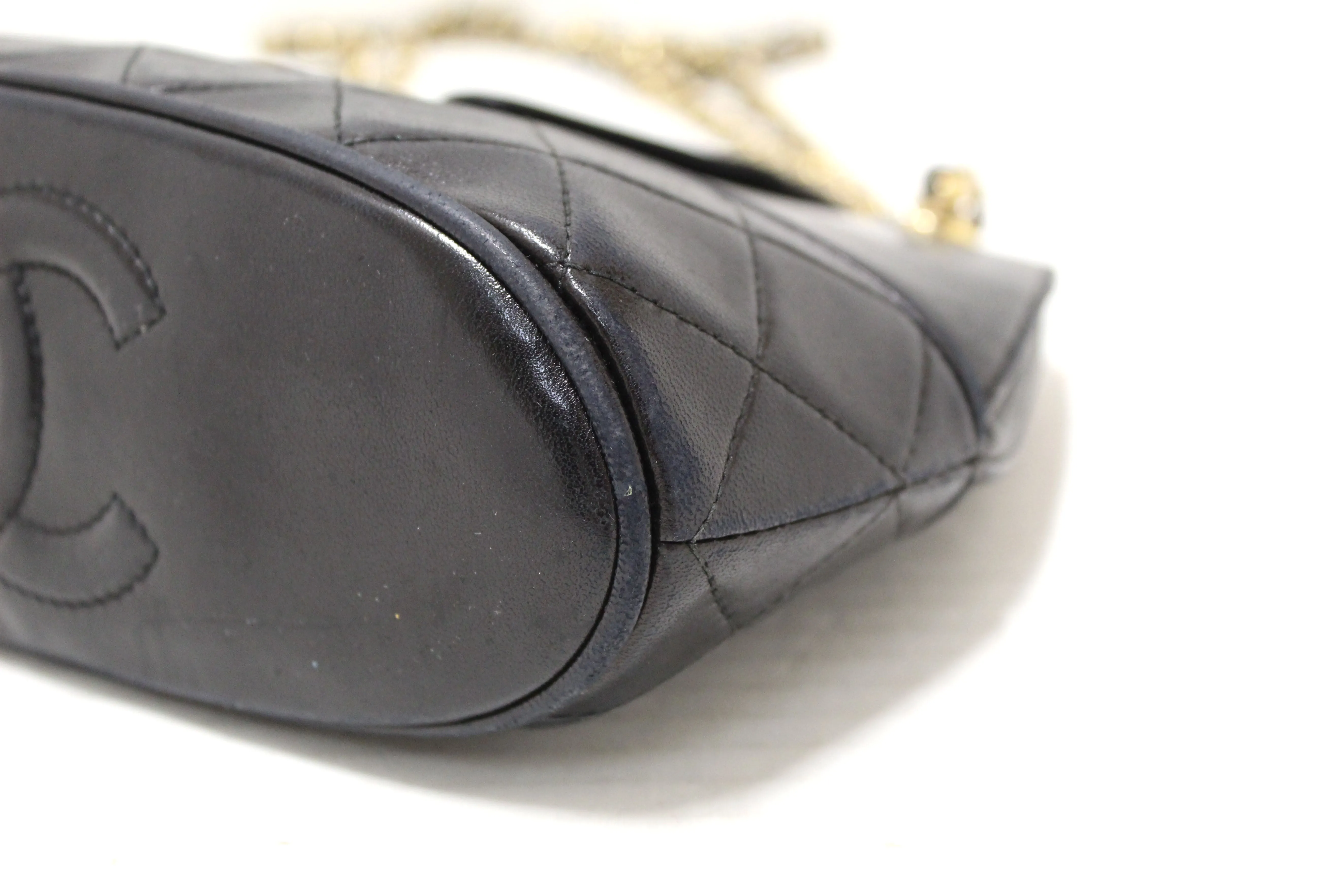Authentic Chanel Vintage Black Quilted Lambskin Leather Small Tote Chain Shoulder Bag