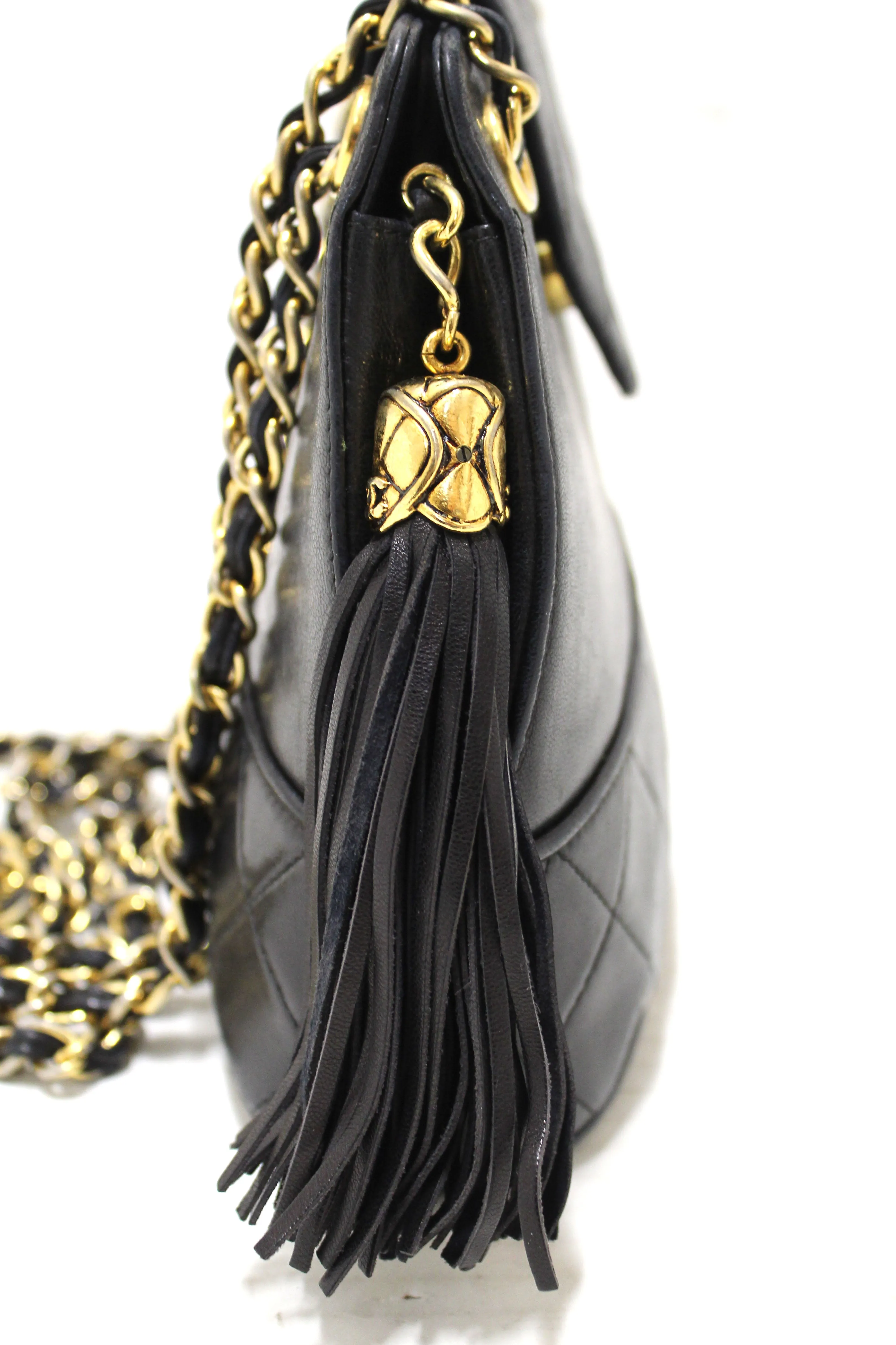 Authentic Chanel Vintage Black Quilted Lambskin Leather Small Tote Chain Shoulder Bag