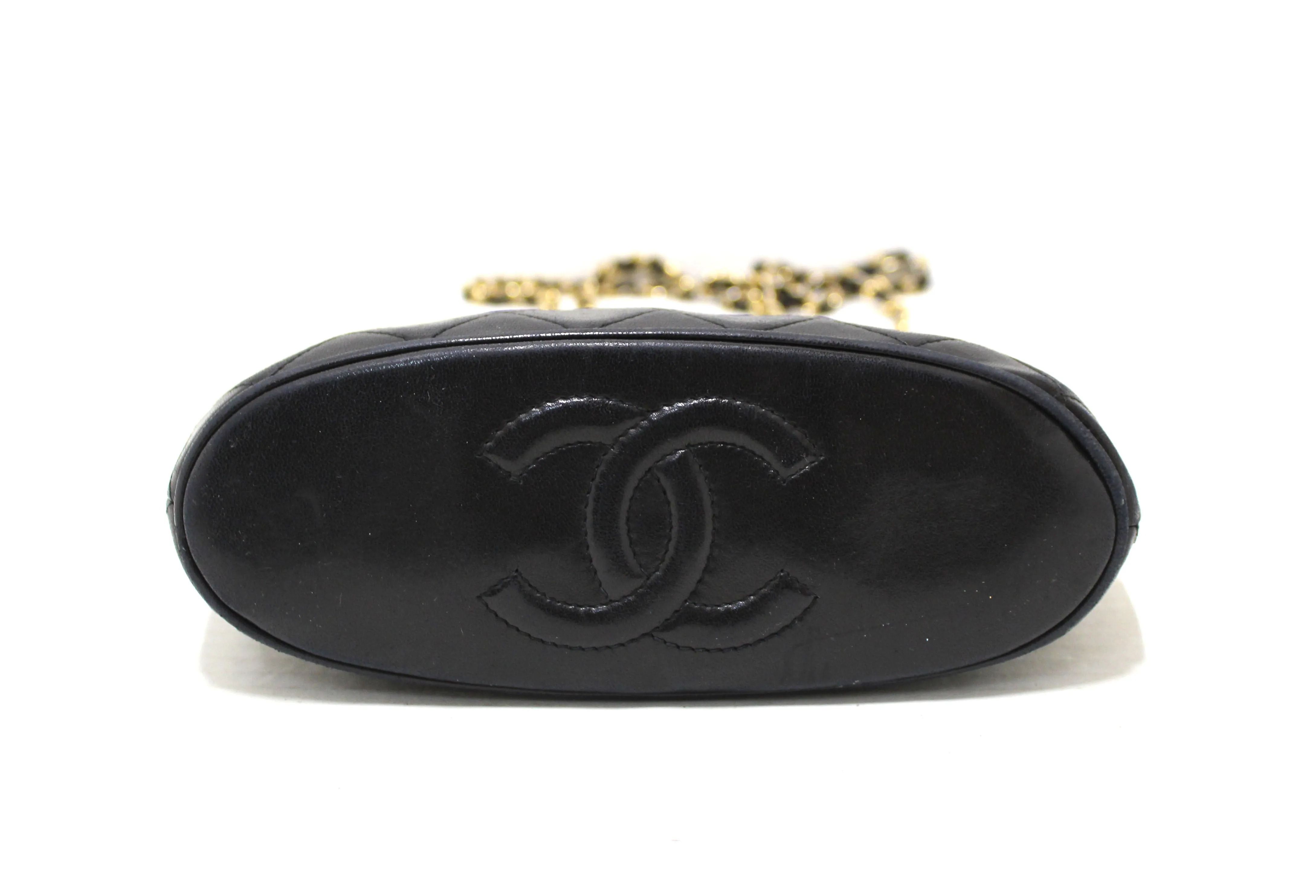 Authentic Chanel Vintage Black Quilted Lambskin Leather Small Tote Chain Shoulder Bag