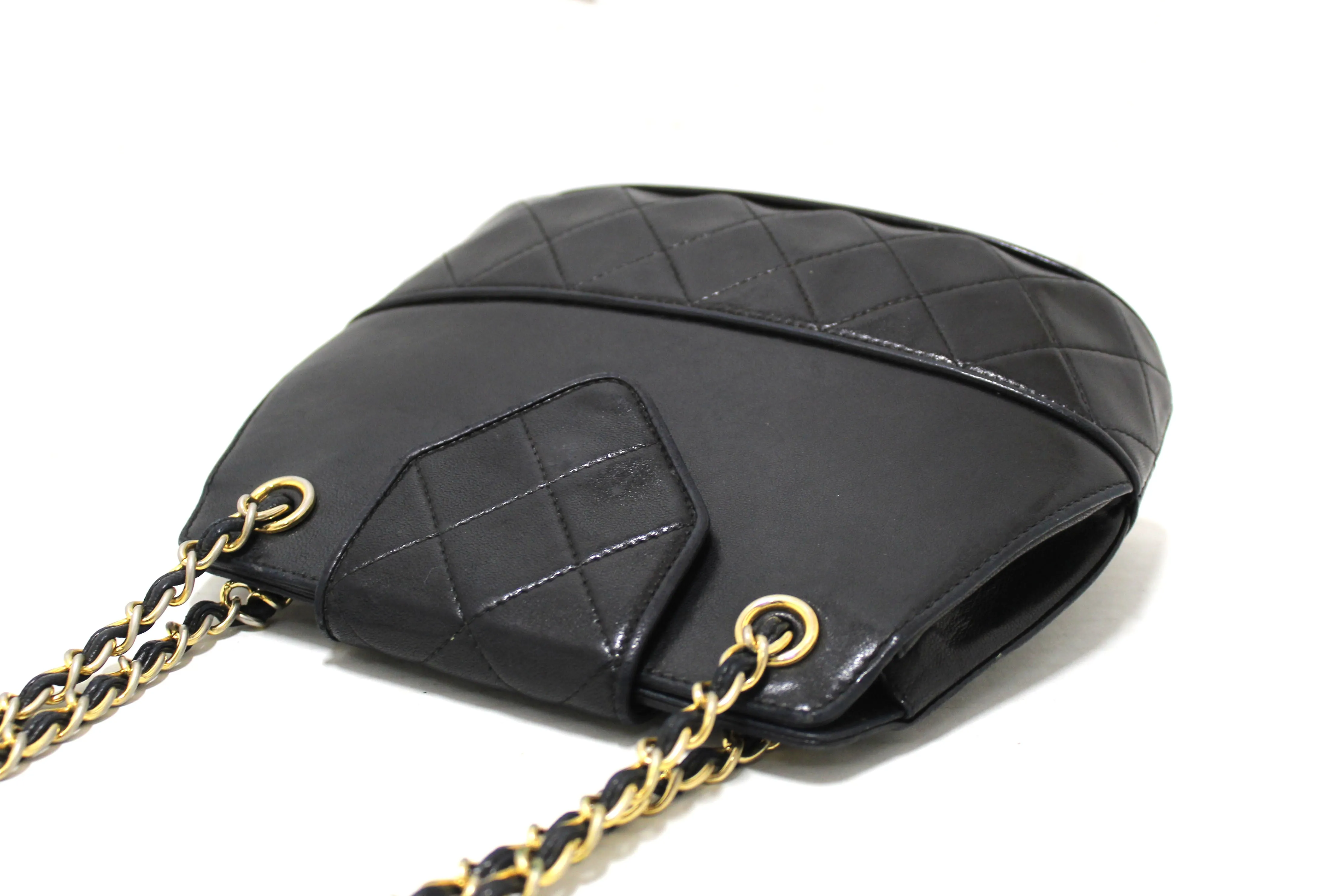 Authentic Chanel Vintage Black Quilted Lambskin Leather Small Tote Chain Shoulder Bag