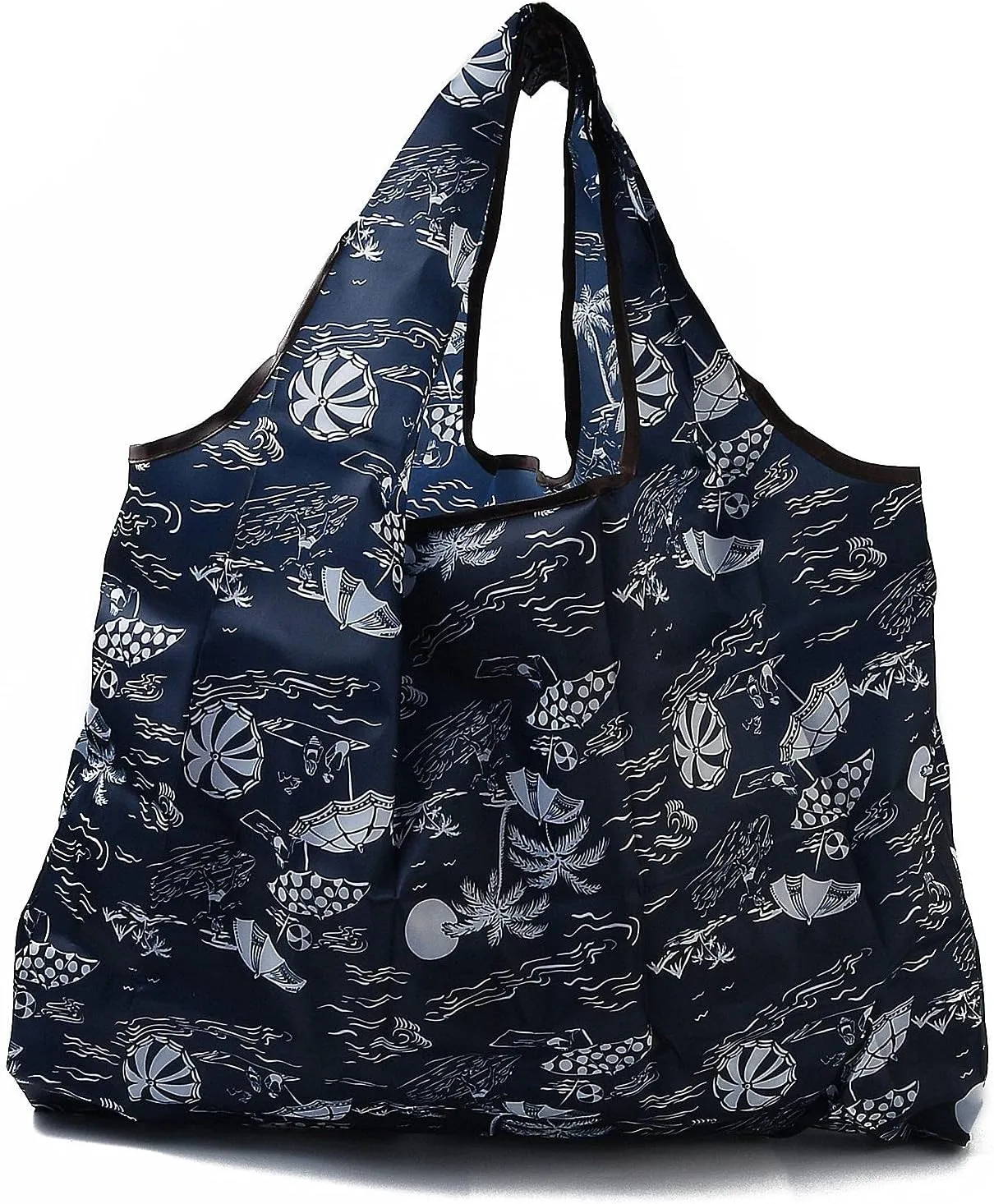 BEEFLYING 3Pcs Foldable Large Nylon Grocery Bags Reusable Waterproof Recycling Shopping Tote Bags with Pouch for Shopping Travel Outdoor Camping (Coconut Tree Pattern 52.5x60x0.15cm)