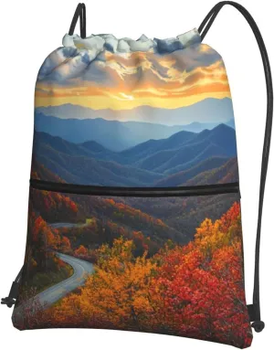 Blue Ridge Parkway Mountains Printed Drawstring Backpack Sports Gym Bag for Men Women String Bag Sackpack for Shopping Travel Beach