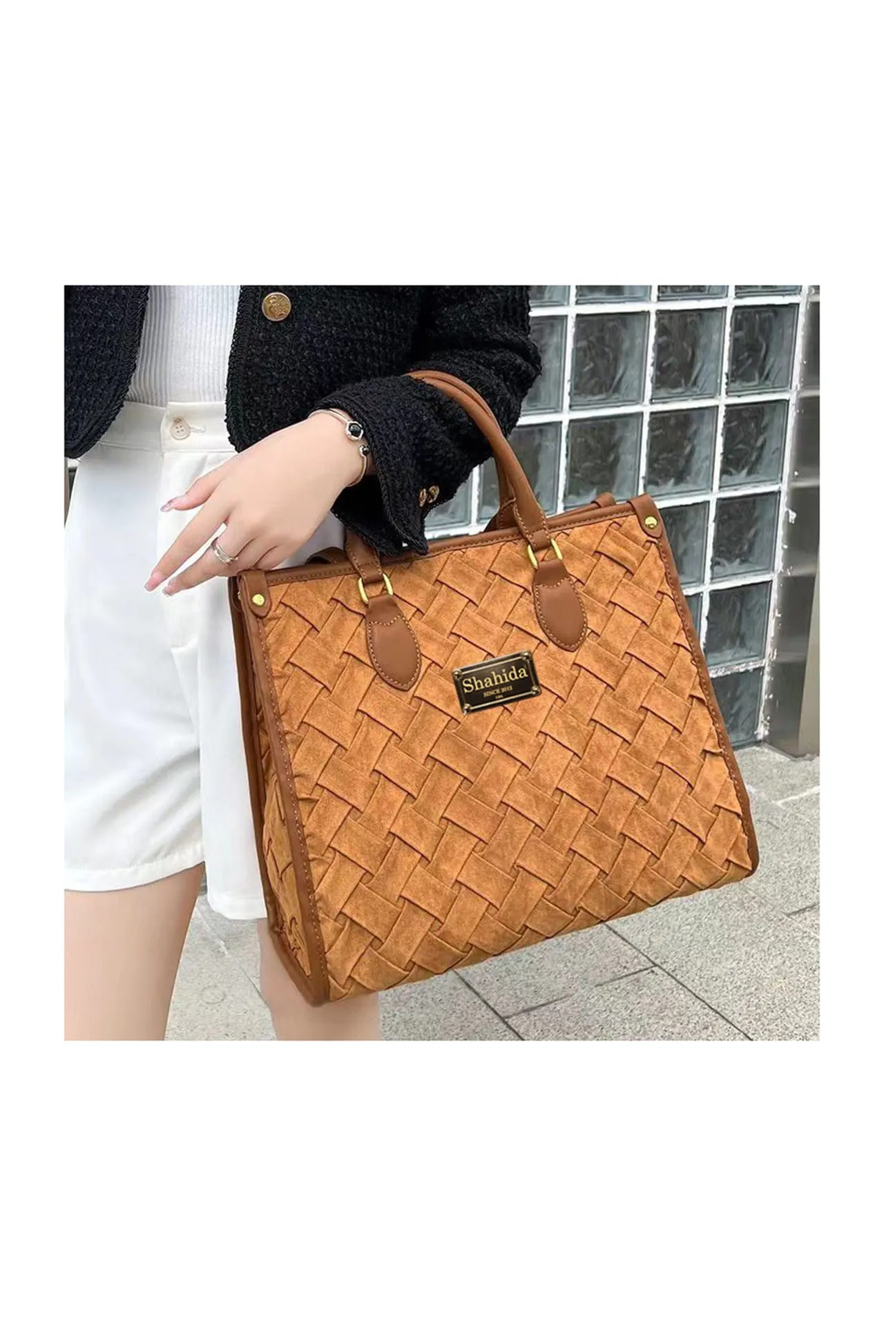 Brown Quilted Tote Handbag