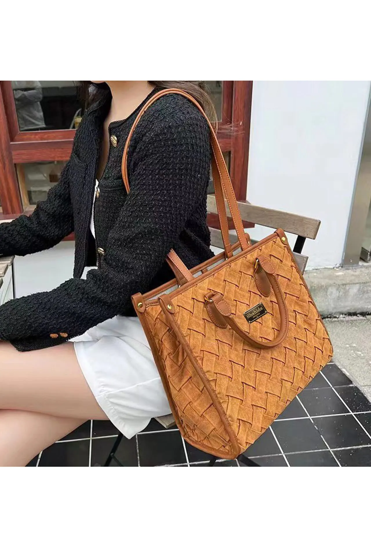 Brown Quilted Tote Handbag