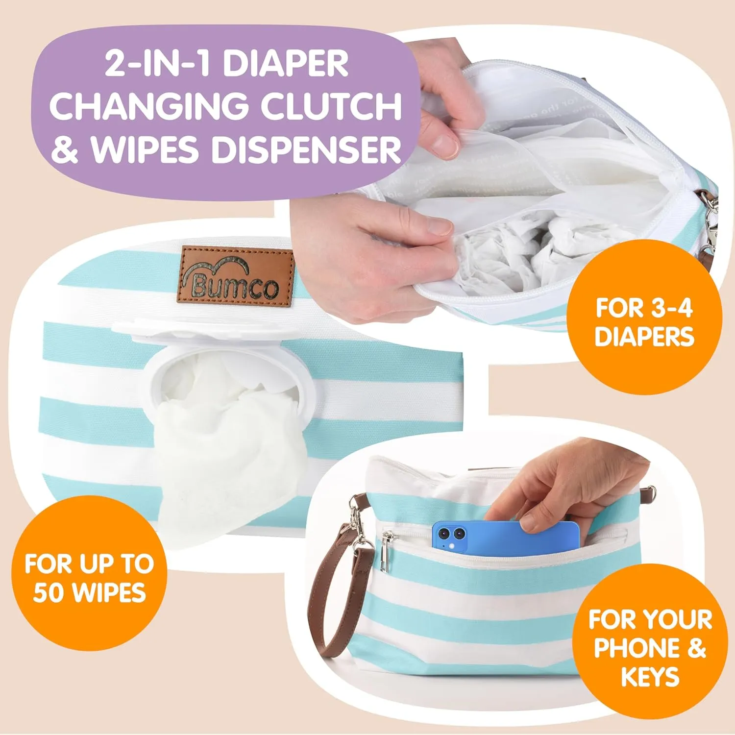 Bumco Diaper Clutch - Portable Wipes Dispenser & Travel Essential, Airtight Refillable Wipes Container, Diaper Bag Purse