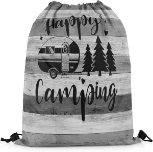 Camper Camping Drawstring Gym Bag,Trailer Pine Sketch Foldable Waterproof Drawstring Backpack,Farmhouse Style Barn Door Draw String Back Bag for Shopping,Swimming,Beach,Gray