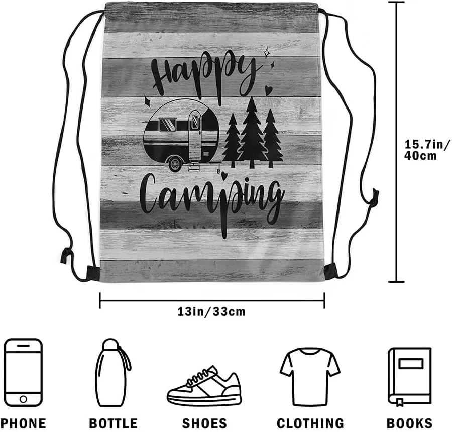 Camper Camping Drawstring Gym Bag,Trailer Pine Sketch Foldable Waterproof Drawstring Backpack,Farmhouse Style Barn Door Draw String Back Bag for Shopping,Swimming,Beach,Gray