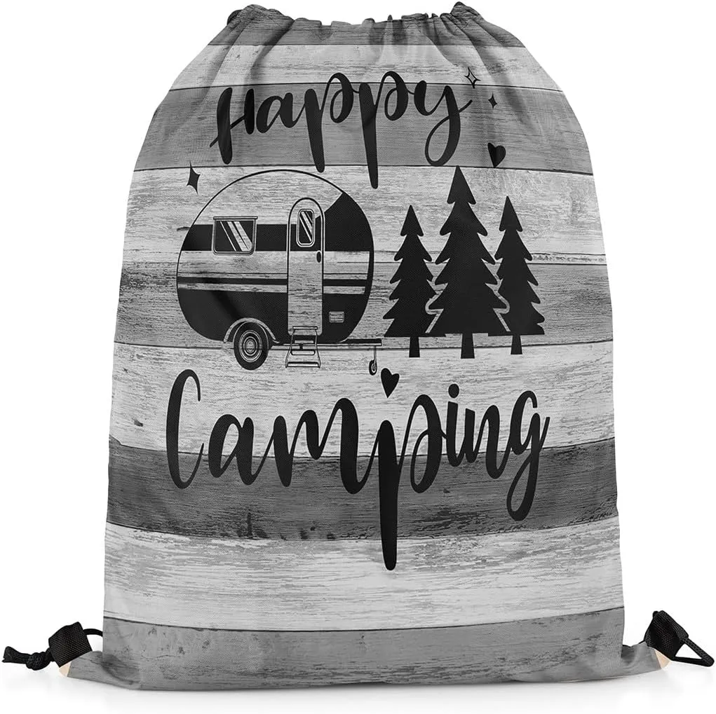 Camper Camping Drawstring Gym Bag,Trailer Pine Sketch Foldable Waterproof Drawstring Backpack,Farmhouse Style Barn Door Draw String Back Bag for Shopping,Swimming,Beach,Gray