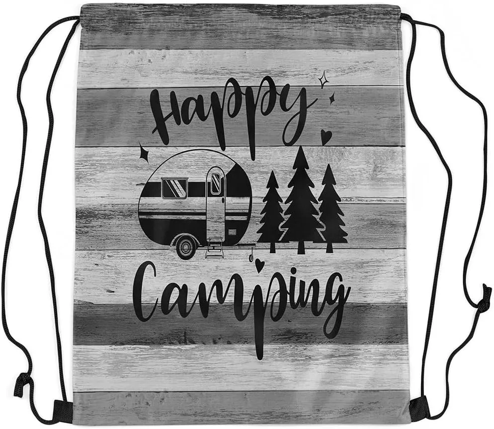 Camper Camping Drawstring Gym Bag,Trailer Pine Sketch Foldable Waterproof Drawstring Backpack,Farmhouse Style Barn Door Draw String Back Bag for Shopping,Swimming,Beach,Gray
