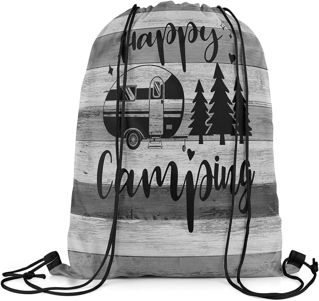Camper Camping Drawstring Gym Bag,Trailer Pine Sketch Foldable Waterproof Drawstring Backpack,Farmhouse Style Barn Door Draw String Back Bag for Shopping,Swimming,Beach,Gray