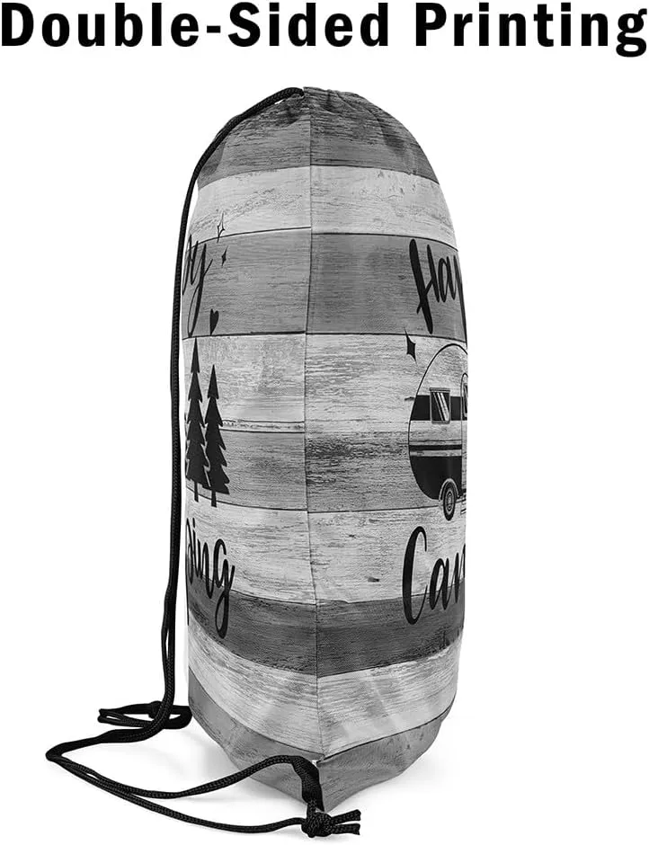 Camper Camping Drawstring Gym Bag,Trailer Pine Sketch Foldable Waterproof Drawstring Backpack,Farmhouse Style Barn Door Draw String Back Bag for Shopping,Swimming,Beach,Gray