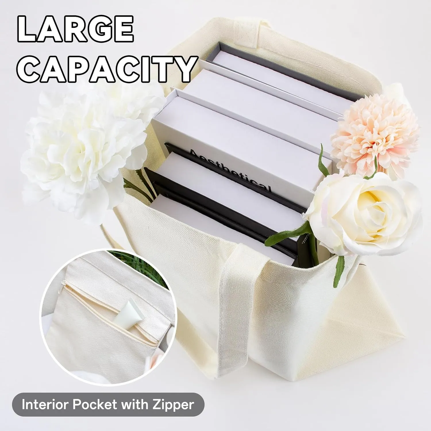 Canvas Book Tote Bag for Women, Book Lover Gifts, Reusable Grocery Bag with Inner Pocket, Cute Tote Bag Aesthetic