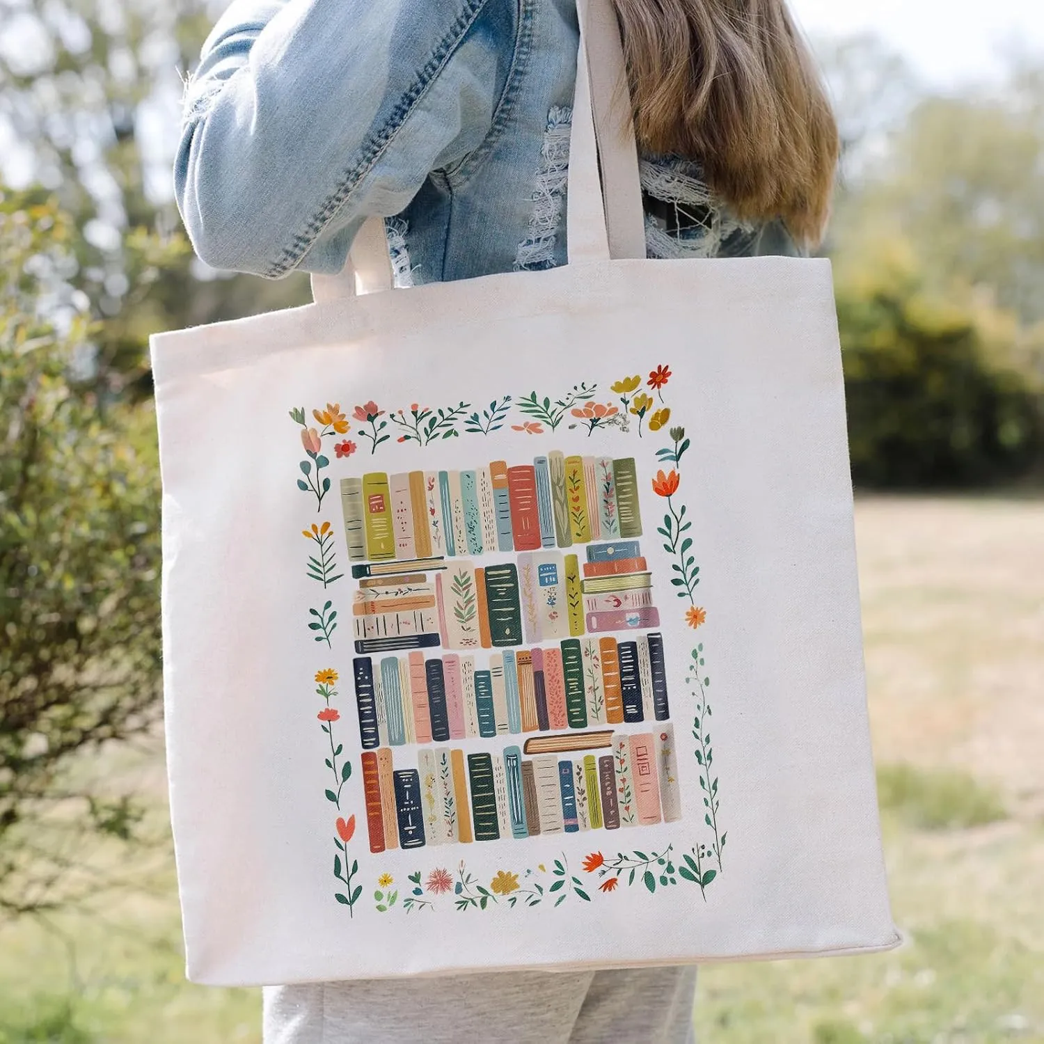 Canvas Book Tote Bag for Women, Book Lover Gifts, Reusable Grocery Bag with Inner Pocket, Cute Tote Bag Aesthetic