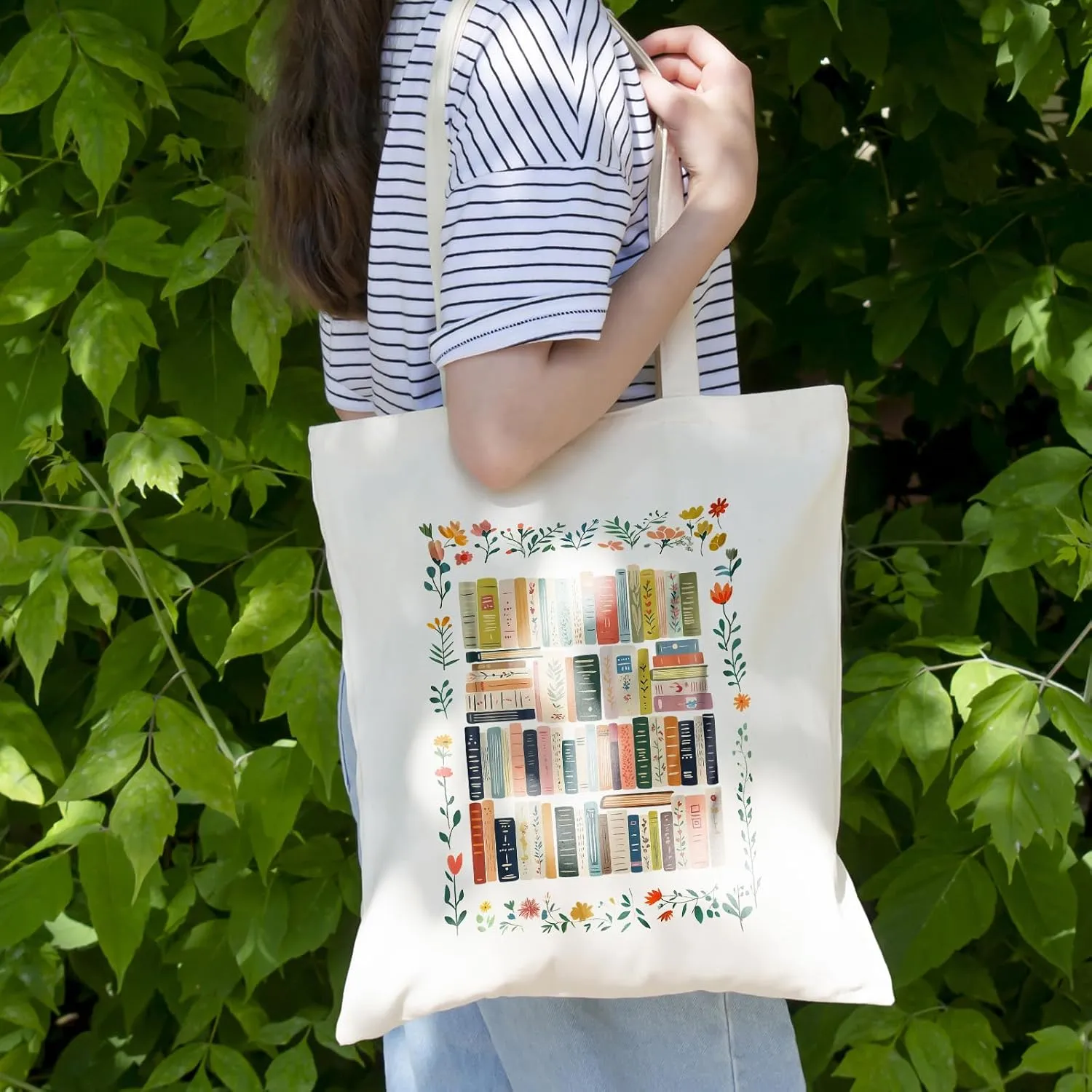 Canvas Book Tote Bag for Women, Book Lover Gifts, Reusable Grocery Bag with Inner Pocket, Cute Tote Bag Aesthetic