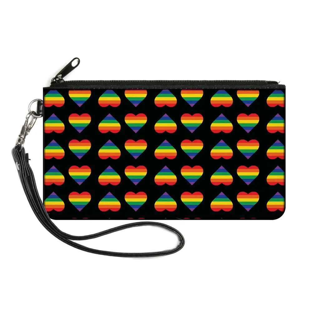 Canvas Zipper Wallet - SMALL - Rainbow Hearts Flip Black Multi Color