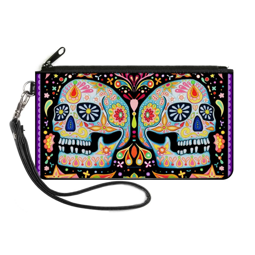Canvas Zipper Wallet - SMALL - Twin Calaveras Floral Collage Black Multi Color