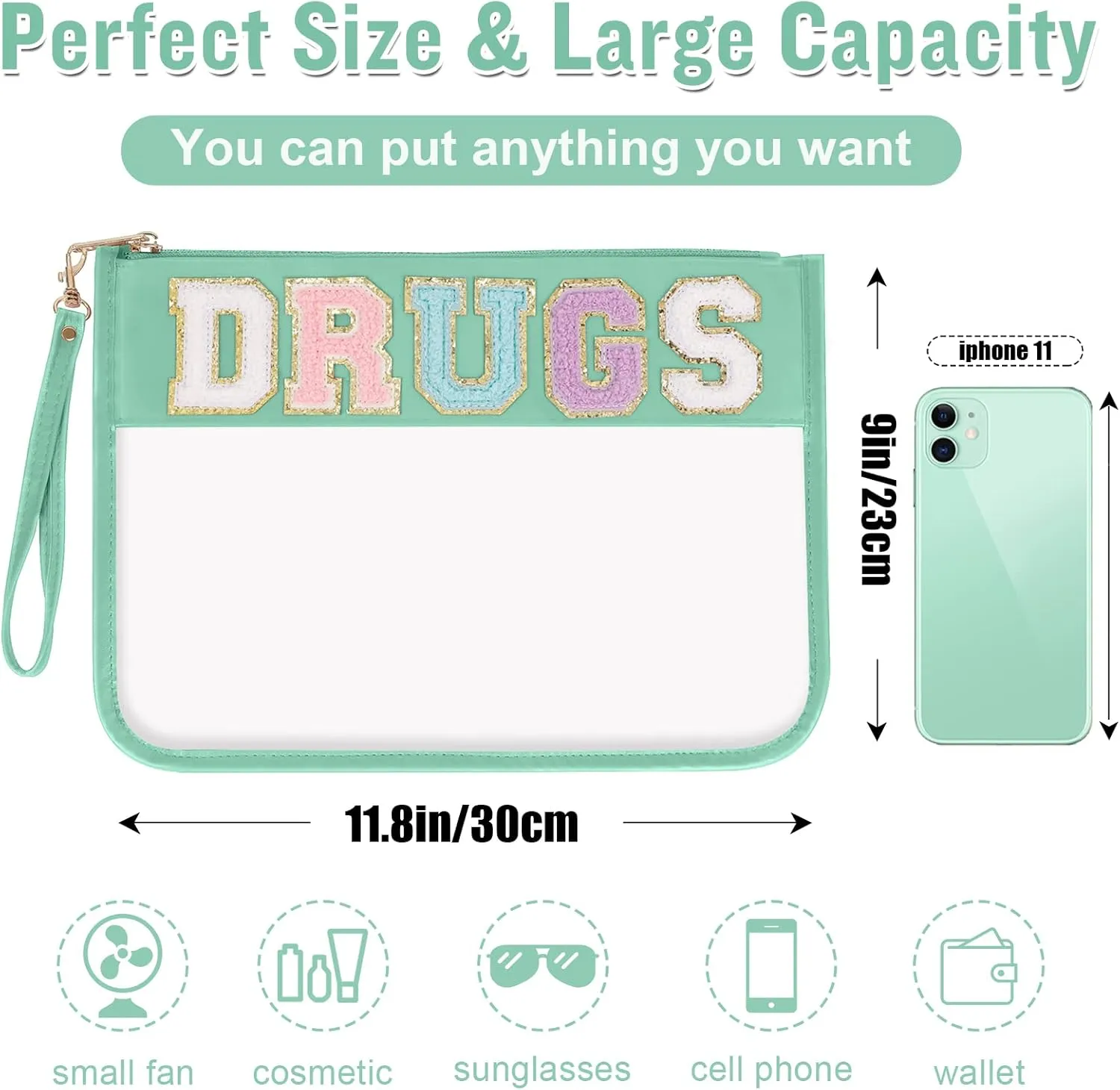 Chenille Letter Clear Bag Drugs Purse, Monogram PVC & PU Clear Zipper Pouch with Wristlet, Waterproof Portable Glitter Snacks Makeup Beach Toiletry Bag for Women Girls (DRUGS-Green)
