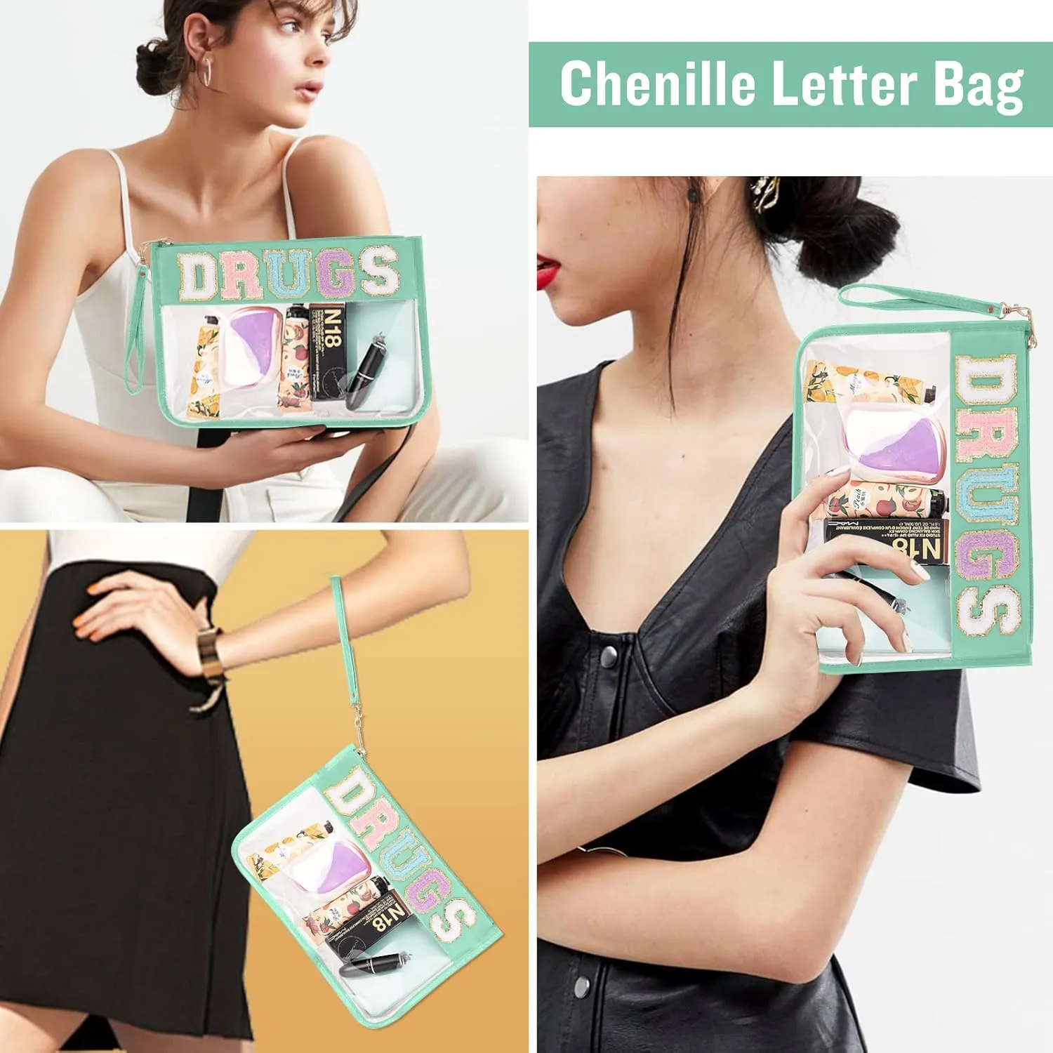 Chenille Letter Clear Bag Drugs Purse, Monogram PVC & PU Clear Zipper Pouch with Wristlet, Waterproof Portable Glitter Snacks Makeup Beach Toiletry Bag for Women Girls (DRUGS-Green)