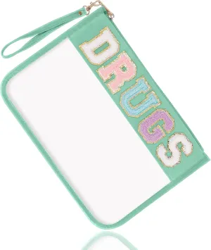 Chenille Letter Clear Bag Drugs Purse, Monogram PVC & PU Clear Zipper Pouch with Wristlet, Waterproof Portable Glitter Snacks Makeup Beach Toiletry Bag for Women Girls (DRUGS-Green)