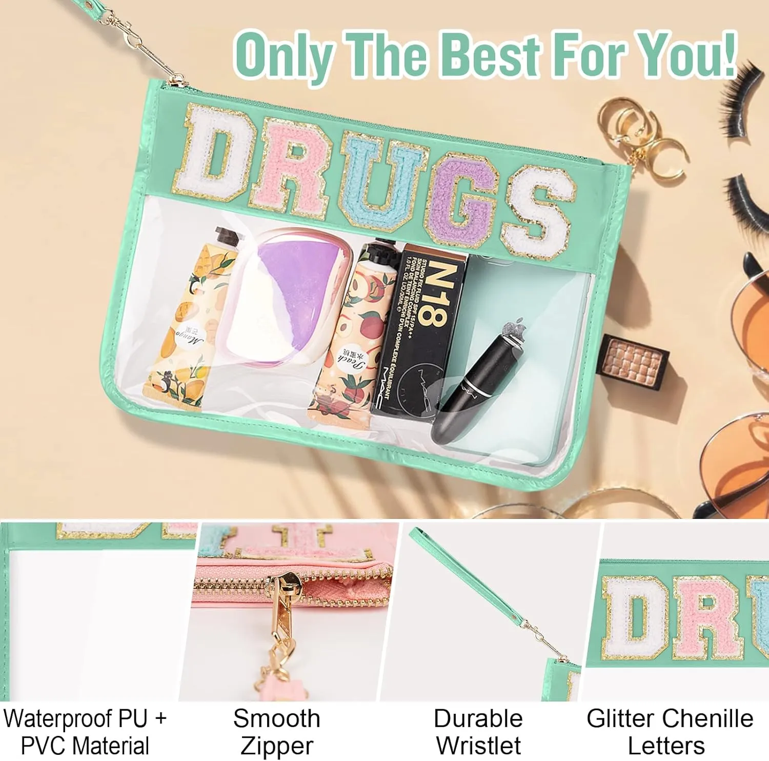 Chenille Letter Clear Bag Drugs Purse, Monogram PVC & PU Clear Zipper Pouch with Wristlet, Waterproof Portable Glitter Snacks Makeup Beach Toiletry Bag for Women Girls (DRUGS-Green)