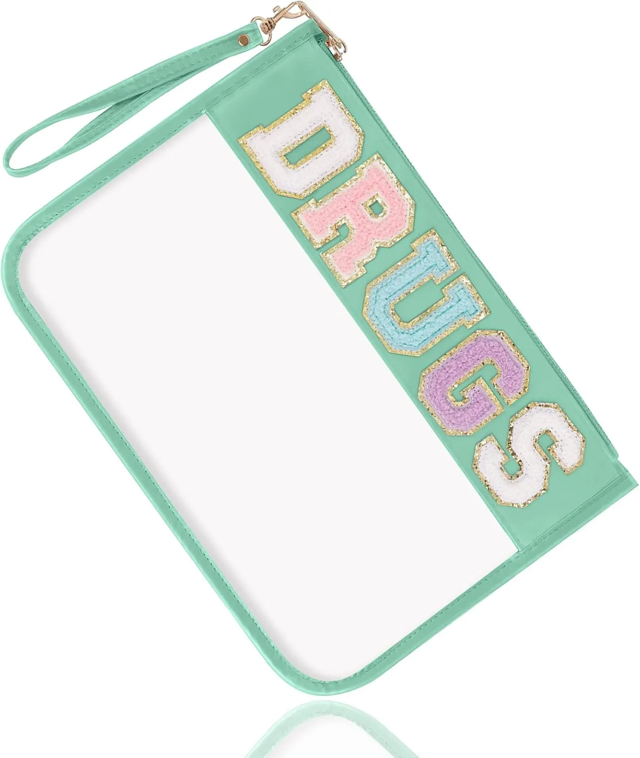 Chenille Letter Clear Bag Drugs Purse, Monogram PVC & PU Clear Zipper Pouch with Wristlet, Waterproof Portable Glitter Snacks Makeup Beach Toiletry Bag for Women Girls (DRUGS-Green)