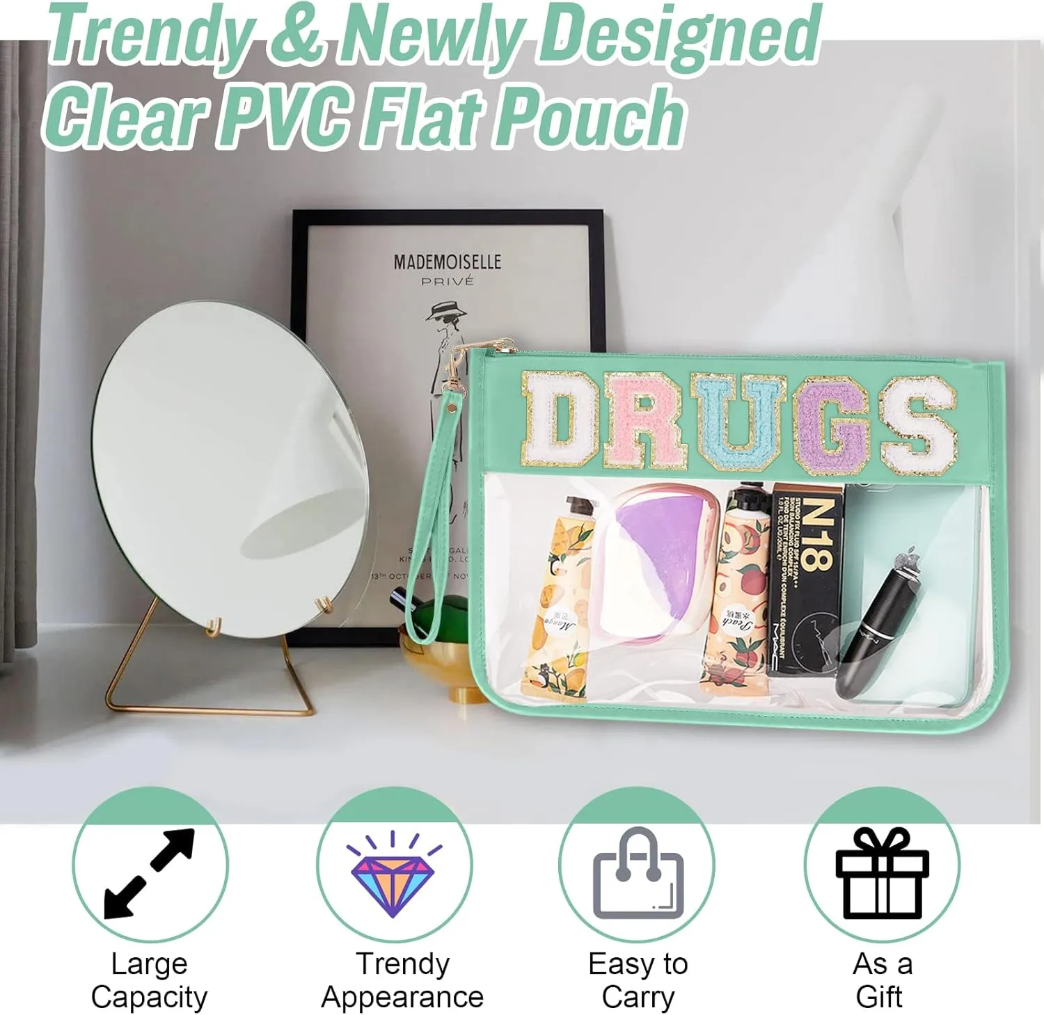 Chenille Letter Clear Bag Drugs Purse, Monogram PVC & PU Clear Zipper Pouch with Wristlet, Waterproof Portable Glitter Snacks Makeup Beach Toiletry Bag for Women Girls (DRUGS-Green)