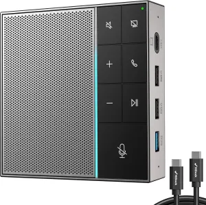 Conference Speaker and Microphone with Mute/Project, Enhanced Voice Pickup & Full Duplex Noise Cancelling Speakerphone, Omnidirectional USB C Speaker for Home Office Meeting-Grey