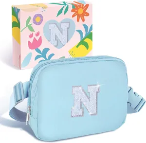 COSHAYSOO Blue Belt Bag Small Waist Fanny Pack Crossbody Purse with Initial Letter Patch for Teenager Girl Women, Nylon Cross Body Travel Chest Pouch Trendy Cool Christmas Gift (N)