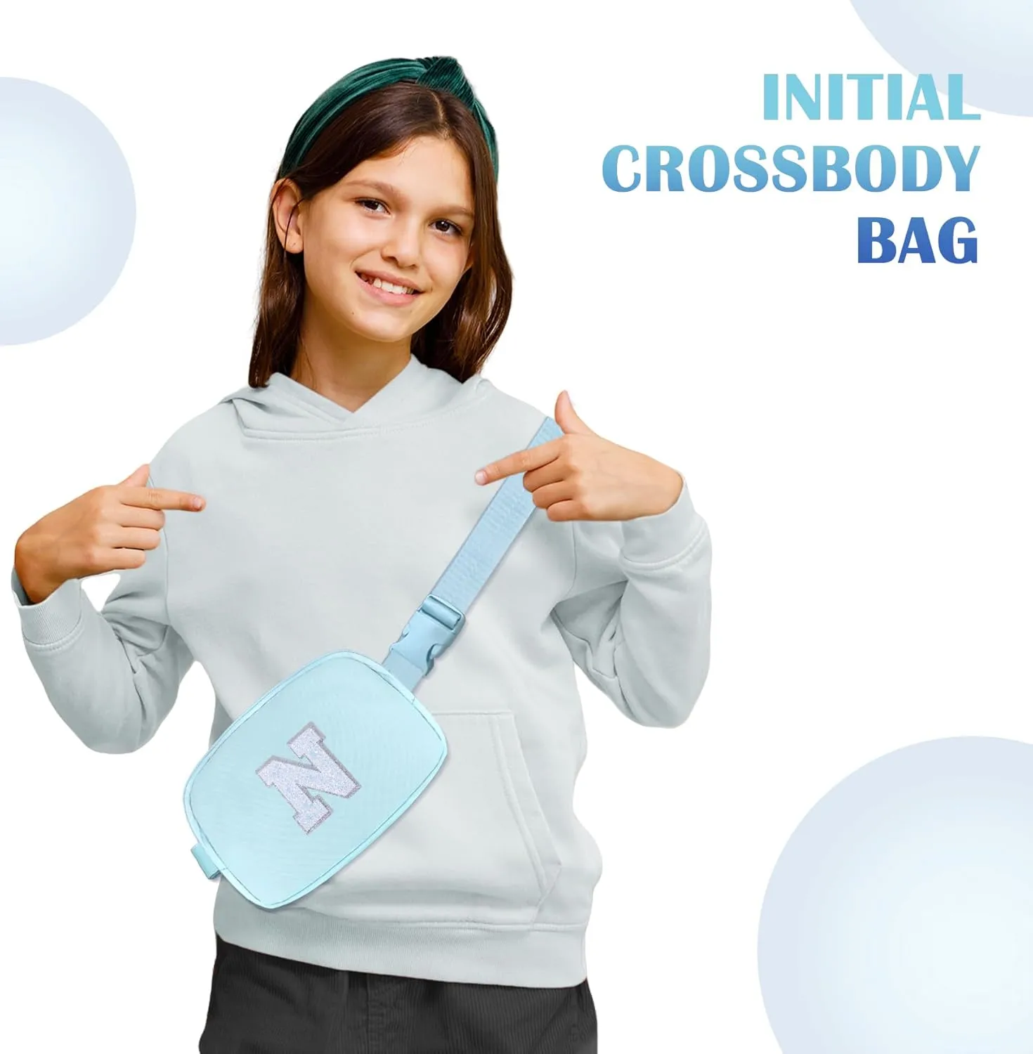 COSHAYSOO Blue Belt Bag Small Waist Fanny Pack Crossbody Purse with Initial Letter Patch for Teenager Girl Women, Nylon Cross Body Travel Chest Pouch Trendy Cool Christmas Gift (N)