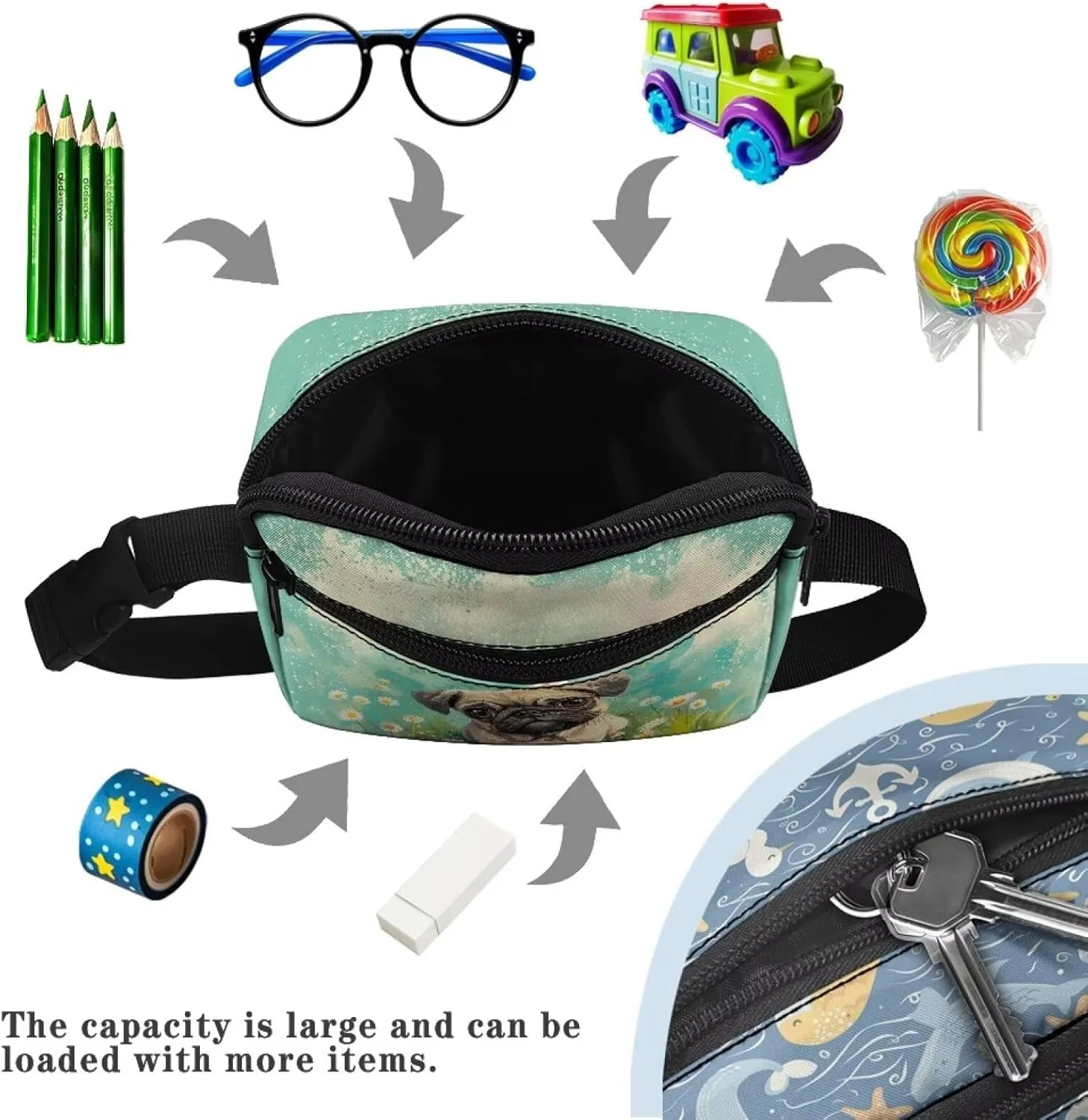 Cozeyat Floral Pug Dog Kids Fanny Pack Girls Cross Body Purse Bum Bag Cute Cartoon Wasit Bag Travel Belt Bag,Crossbody Bag for Kids Age 4-12