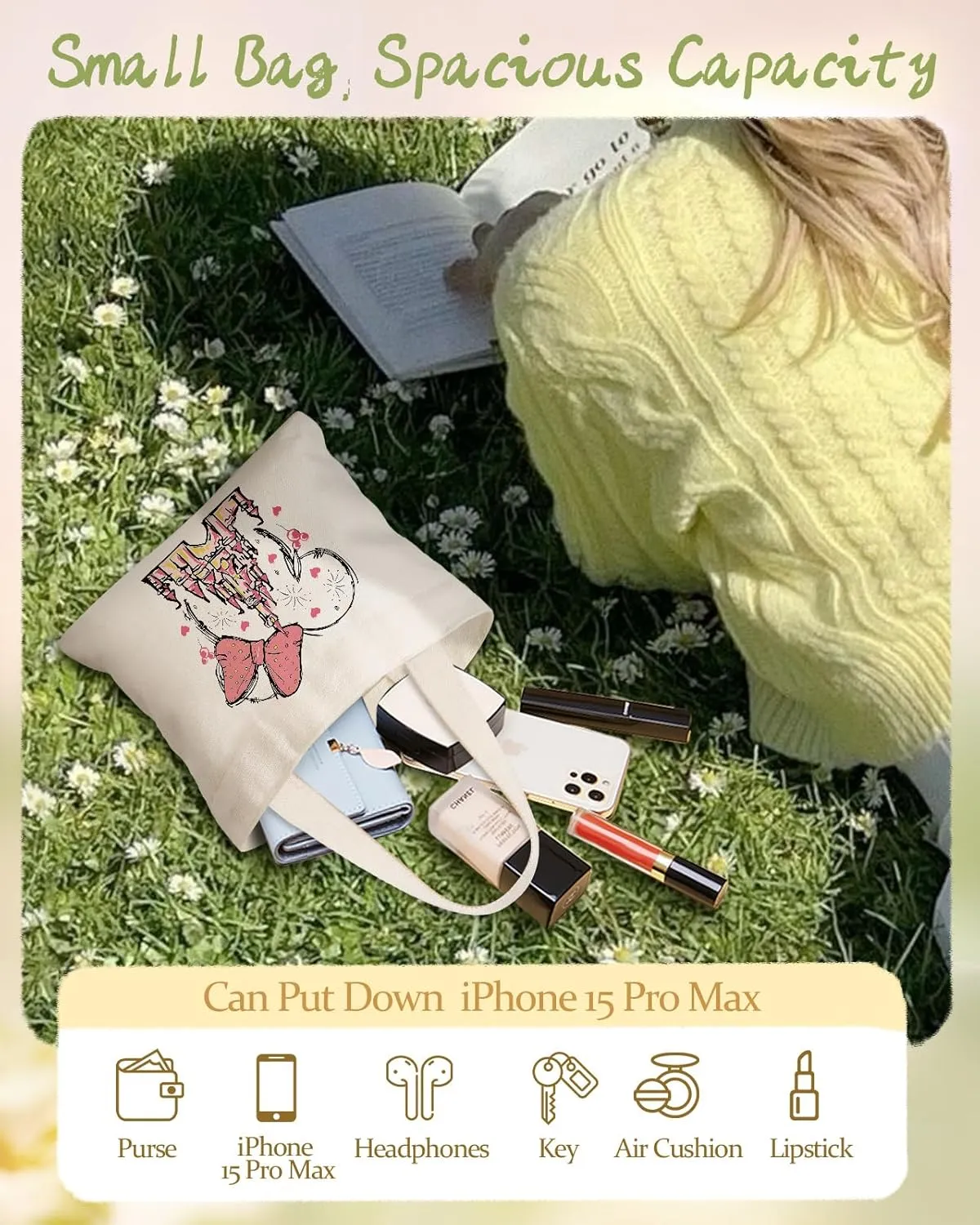 Cute Mini Canvas Tote Bag for Kids - Small Bags Size 8'' 6'' Magnetic Buckle for Women Girls Cloth Cotton