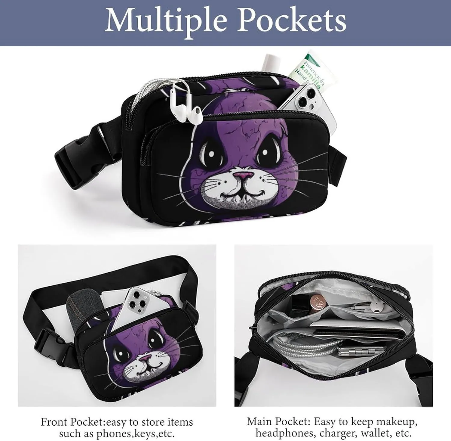 Fanny Pack for Men&Women Crossbody Waist Bag Small Sling Backpack Purple Angry Rabbit Belt Bag