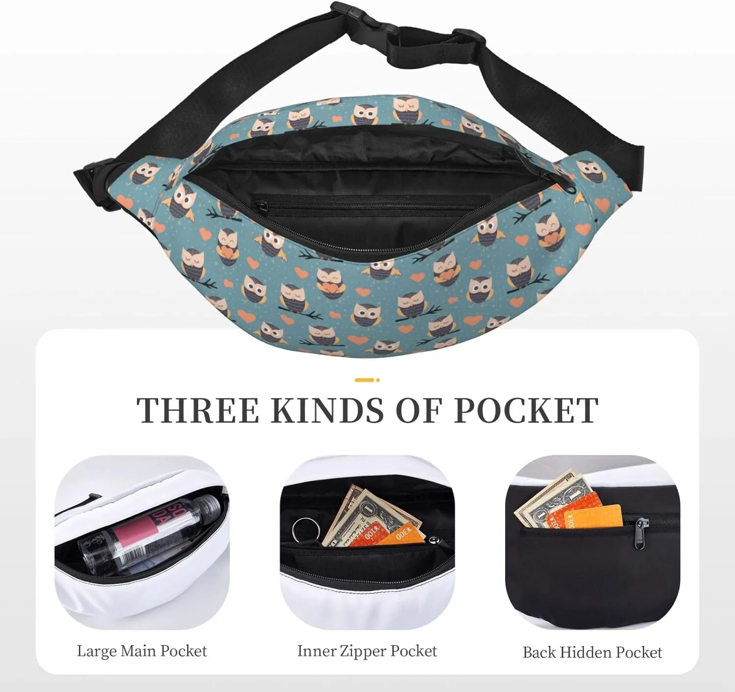 Fanny Pack for Women Men,Cute Owls Heart Large Crossbody Waist Pack Belt Bag for Workout Hiking Running Travel, Onesize
