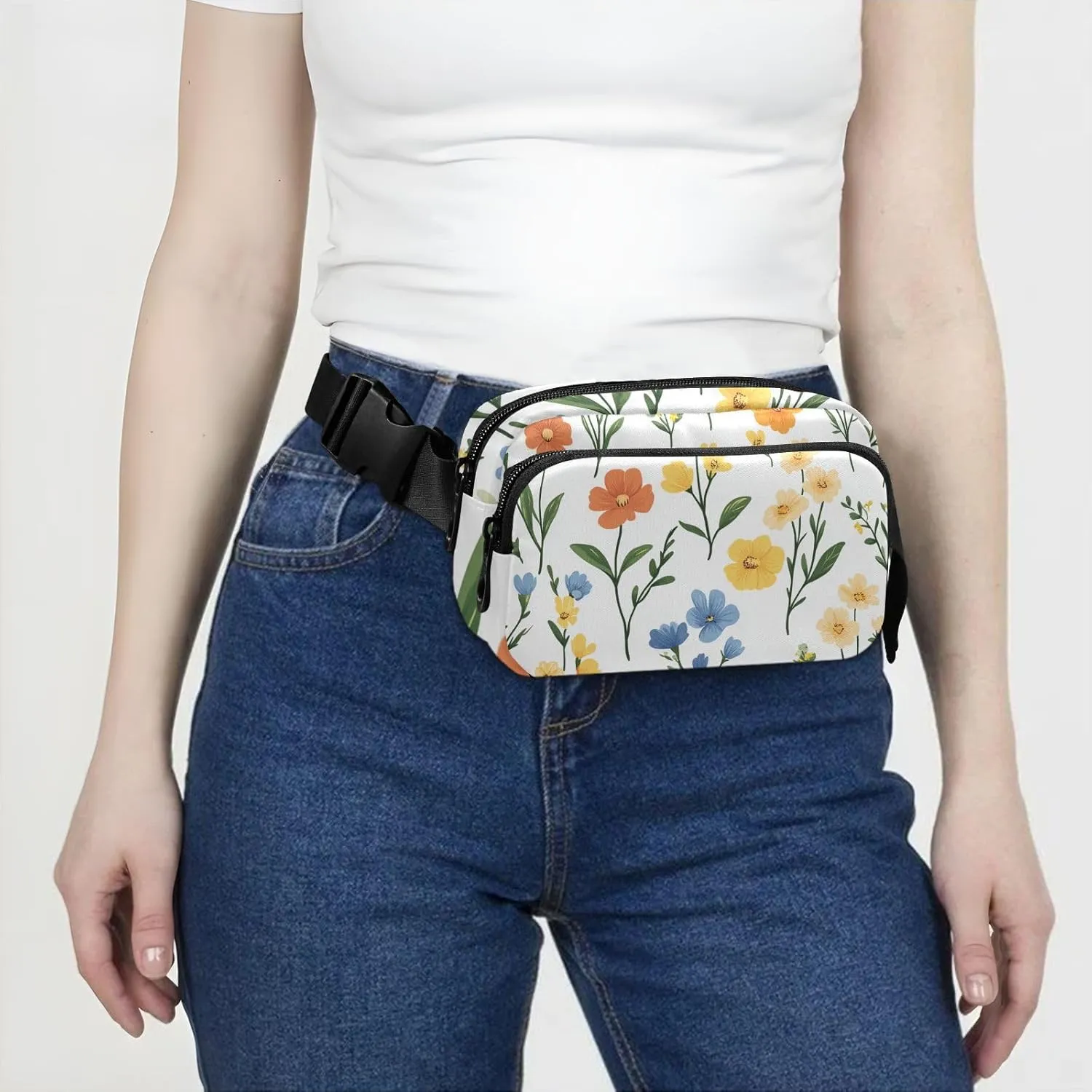 Fanny Pack Waist Bag with Adjustable Strap, Women Men Crossbody Sling Bags, Spring Flowers Orchid Dianthus Narcissus White, Large Capacity Travel Wallet for Shopping Sports Work