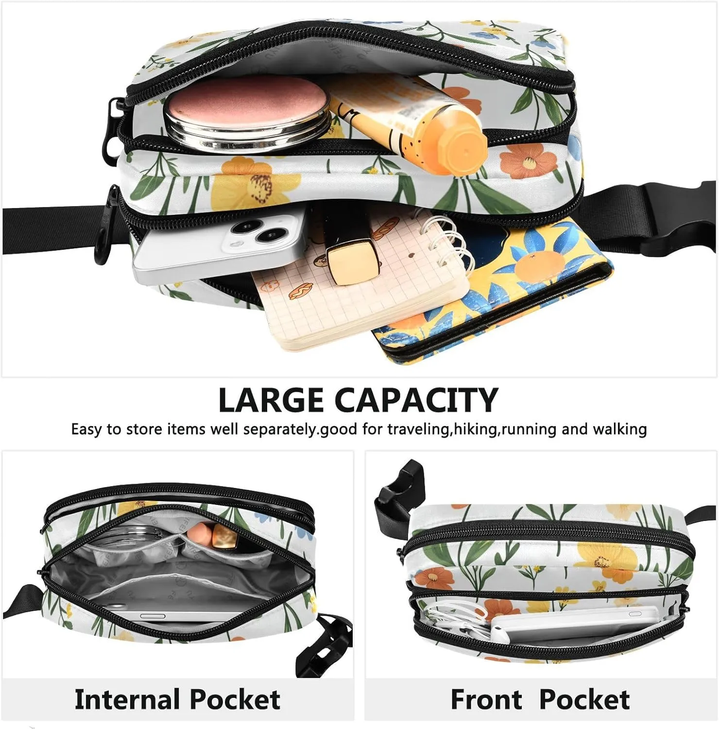 Fanny Pack Waist Bag with Adjustable Strap, Women Men Crossbody Sling Bags, Spring Flowers Orchid Dianthus Narcissus White, Large Capacity Travel Wallet for Shopping Sports Work