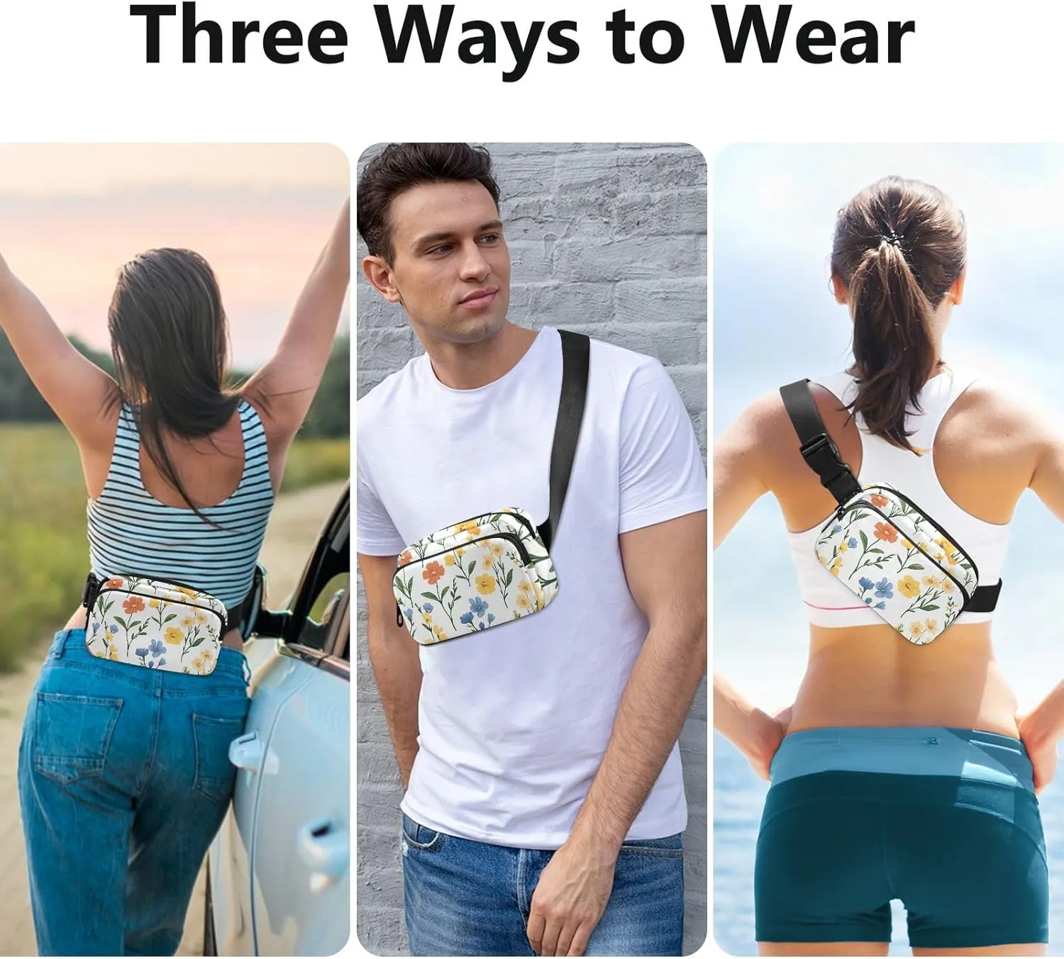 Fanny Pack Waist Bag with Adjustable Strap, Women Men Crossbody Sling Bags, Spring Flowers Orchid Dianthus Narcissus White, Large Capacity Travel Wallet for Shopping Sports Work