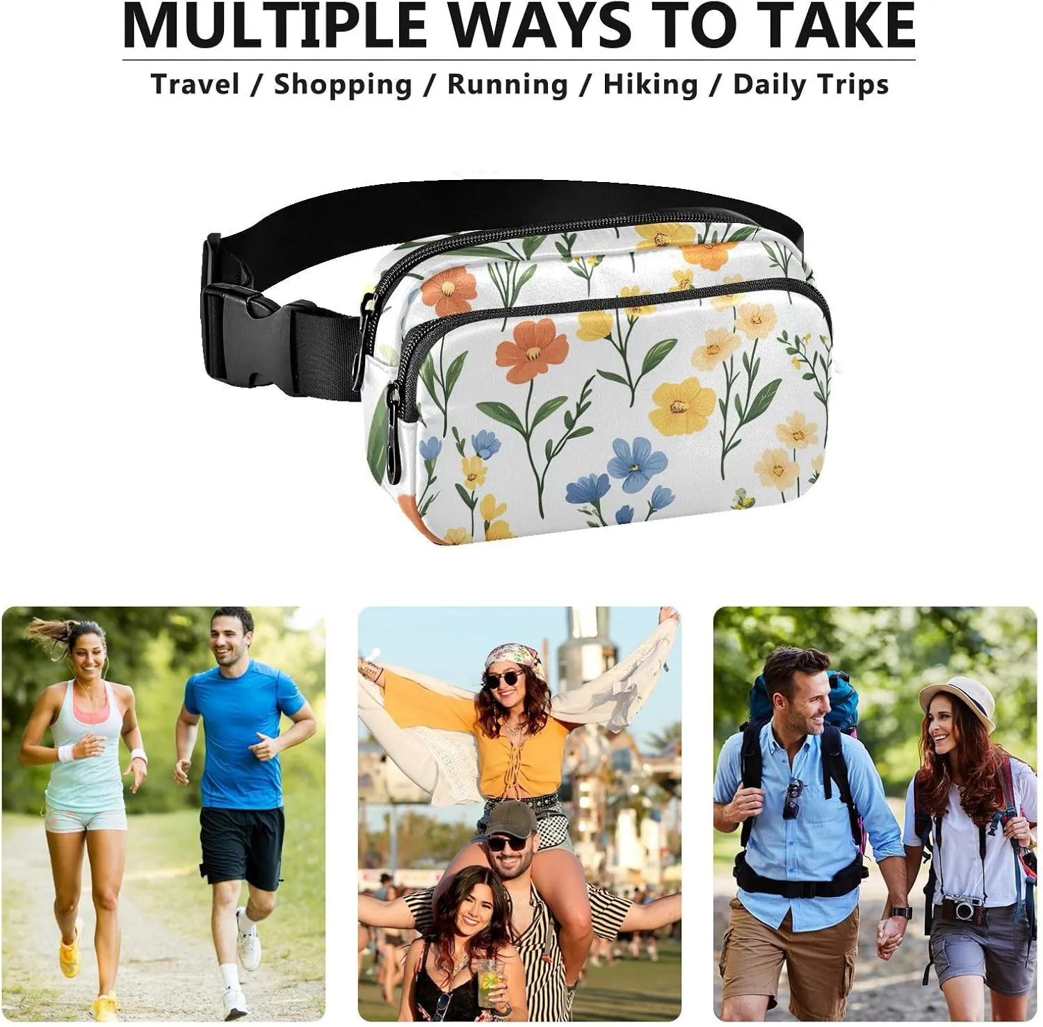 Fanny Pack Waist Bag with Adjustable Strap, Women Men Crossbody Sling Bags, Spring Flowers Orchid Dianthus Narcissus White, Large Capacity Travel Wallet for Shopping Sports Work