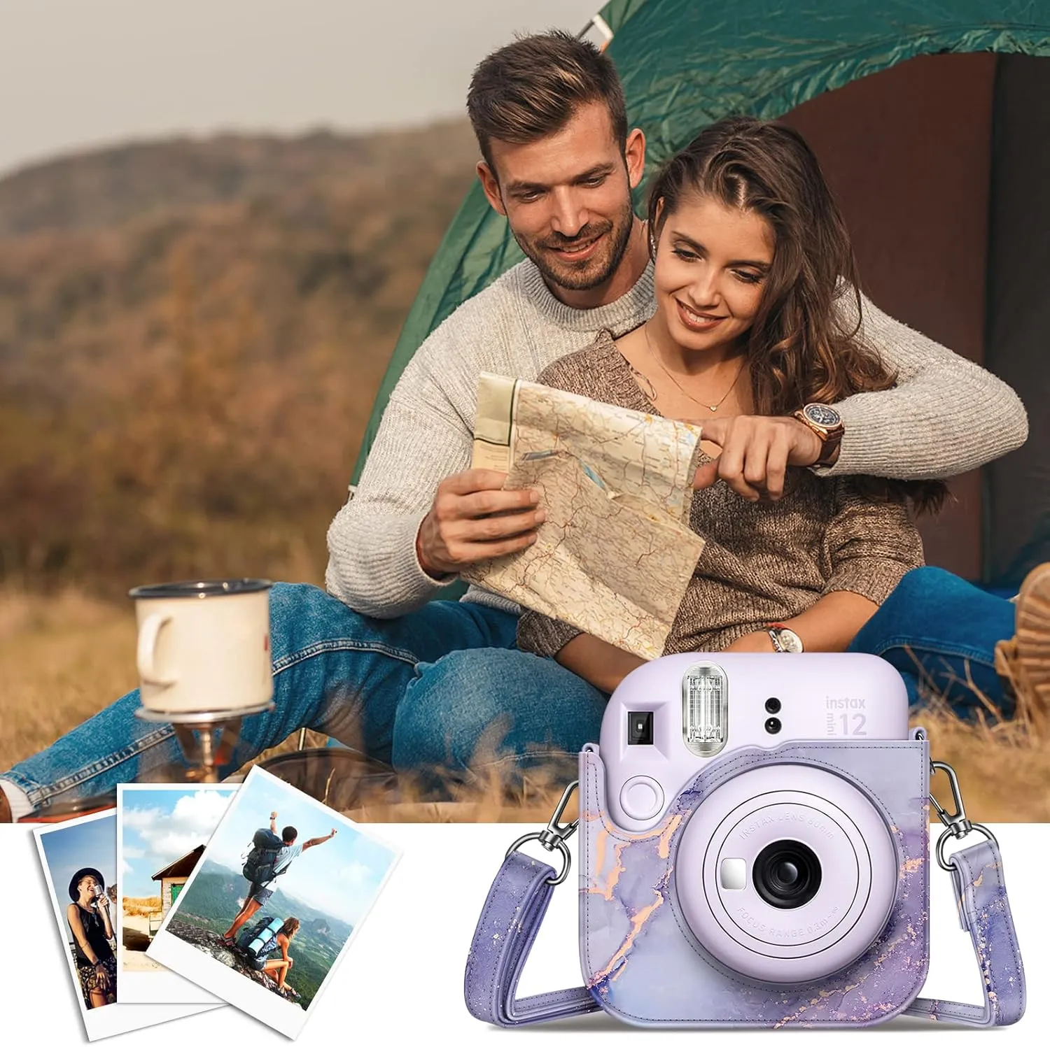 Fintie Protective Case for Fujifilm Instax Mini 12 Instant Camera - Premium Vegan Leather Bag Cover with Removable Adjustable Strap, Lilac Marble
