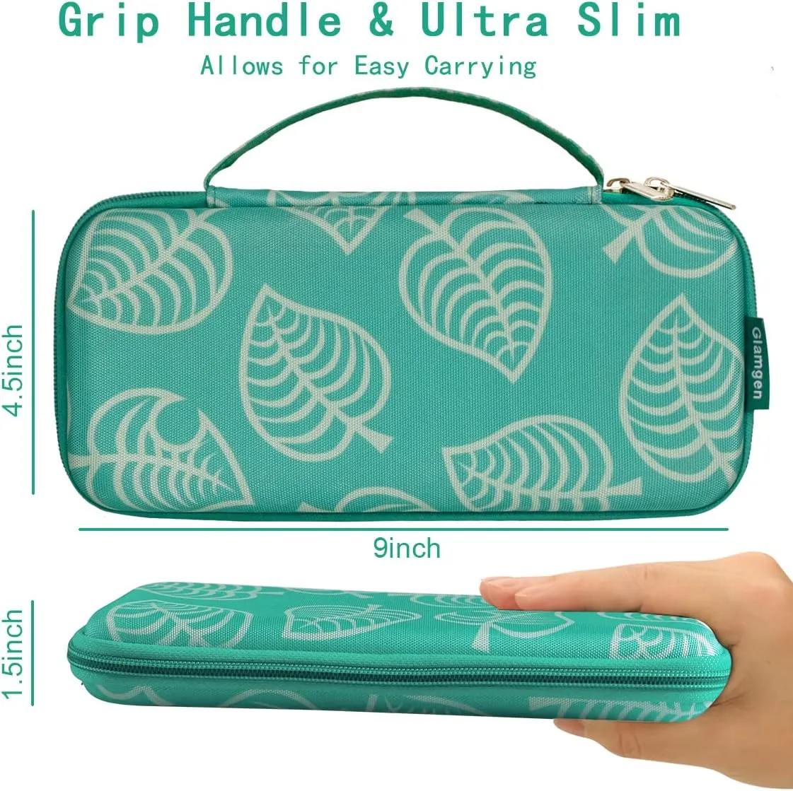 Glamgen Carrying Case Compatible with Switch Lite, Protective Portable Hard Shell Storage for Leaf Crossing Lites Console,Travel Cover Bag with 8 Game Card Slots for Switch Games & Accessories,Green